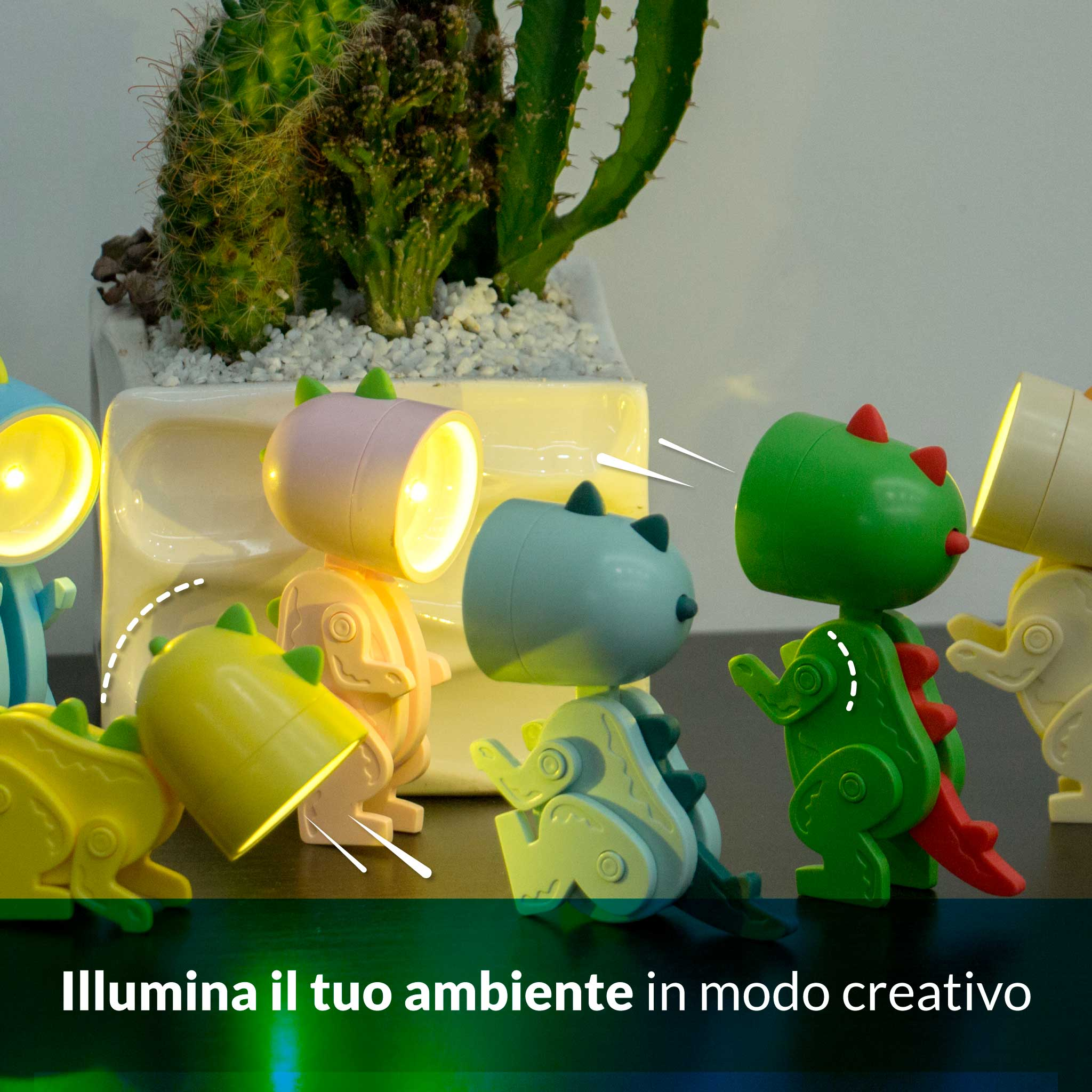 Diverse lucine notturne a forma di dinosauro pastello illuminano un tavolo scuro.