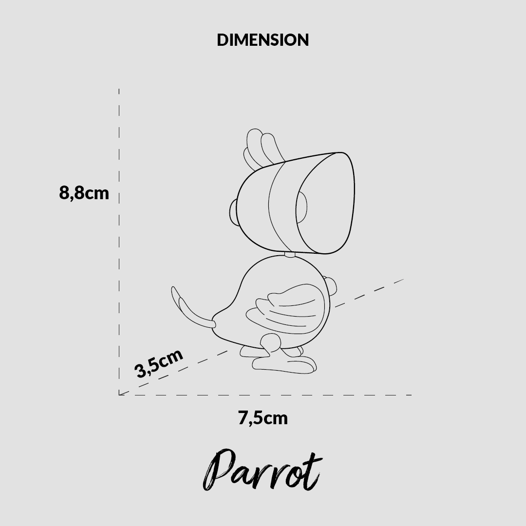 Un disegno al tratto di un giocattolo pappagallo con dimensioni.