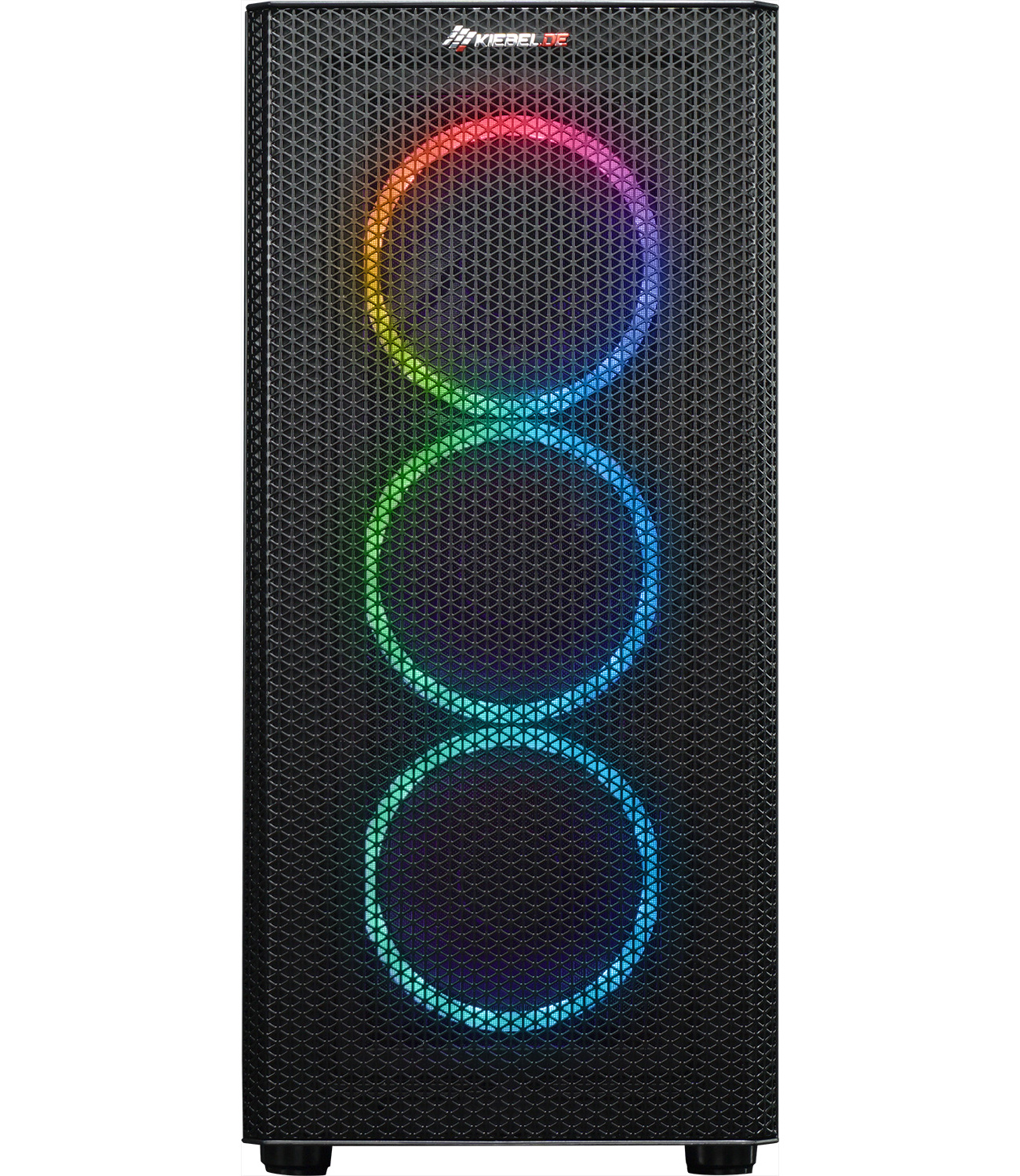 Black computer case with three RGB fans and honeycomb mesh front.
