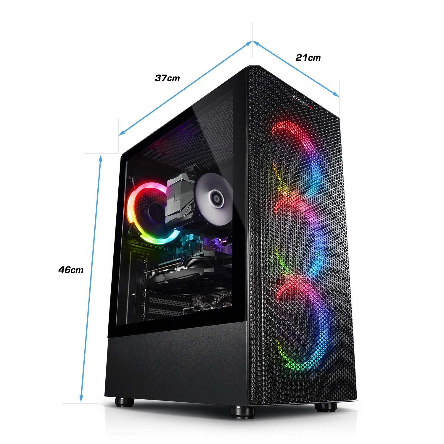 Black PC with RGB fans, dimensions 46x37x21cm.