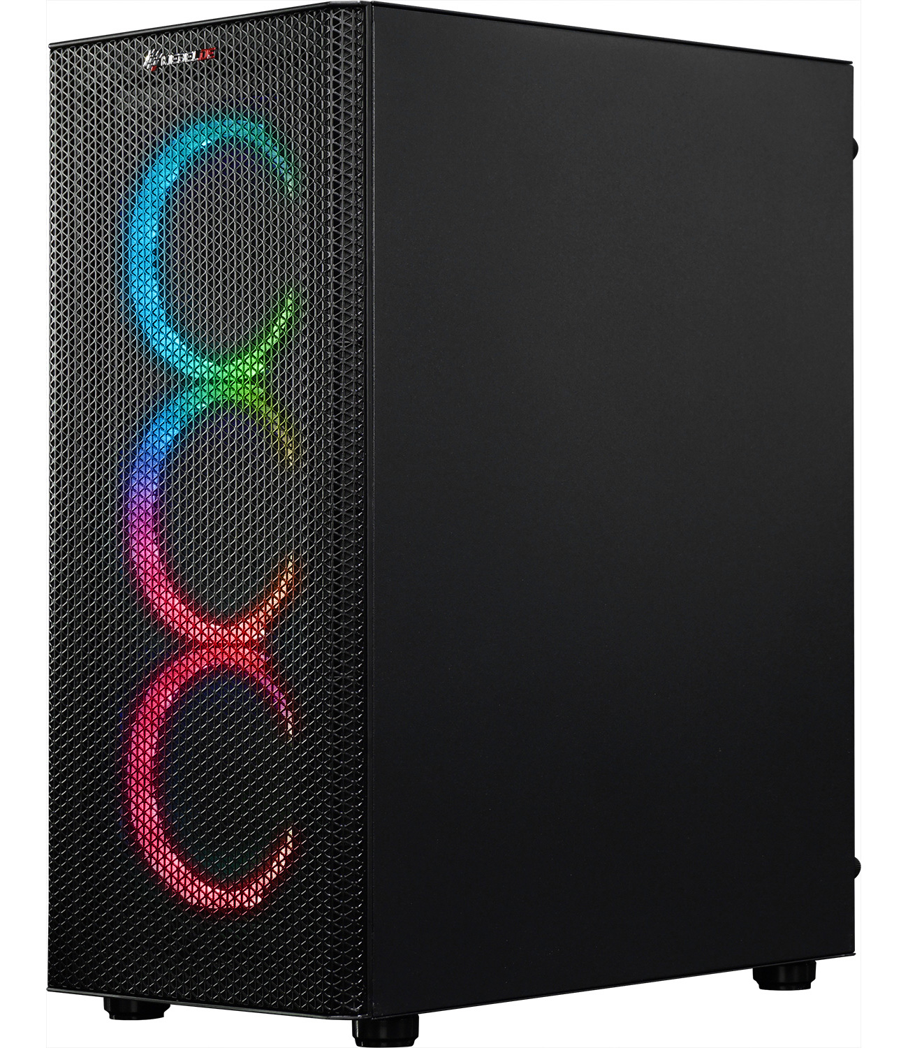 Black computer tower with illuminated pattern on the front.