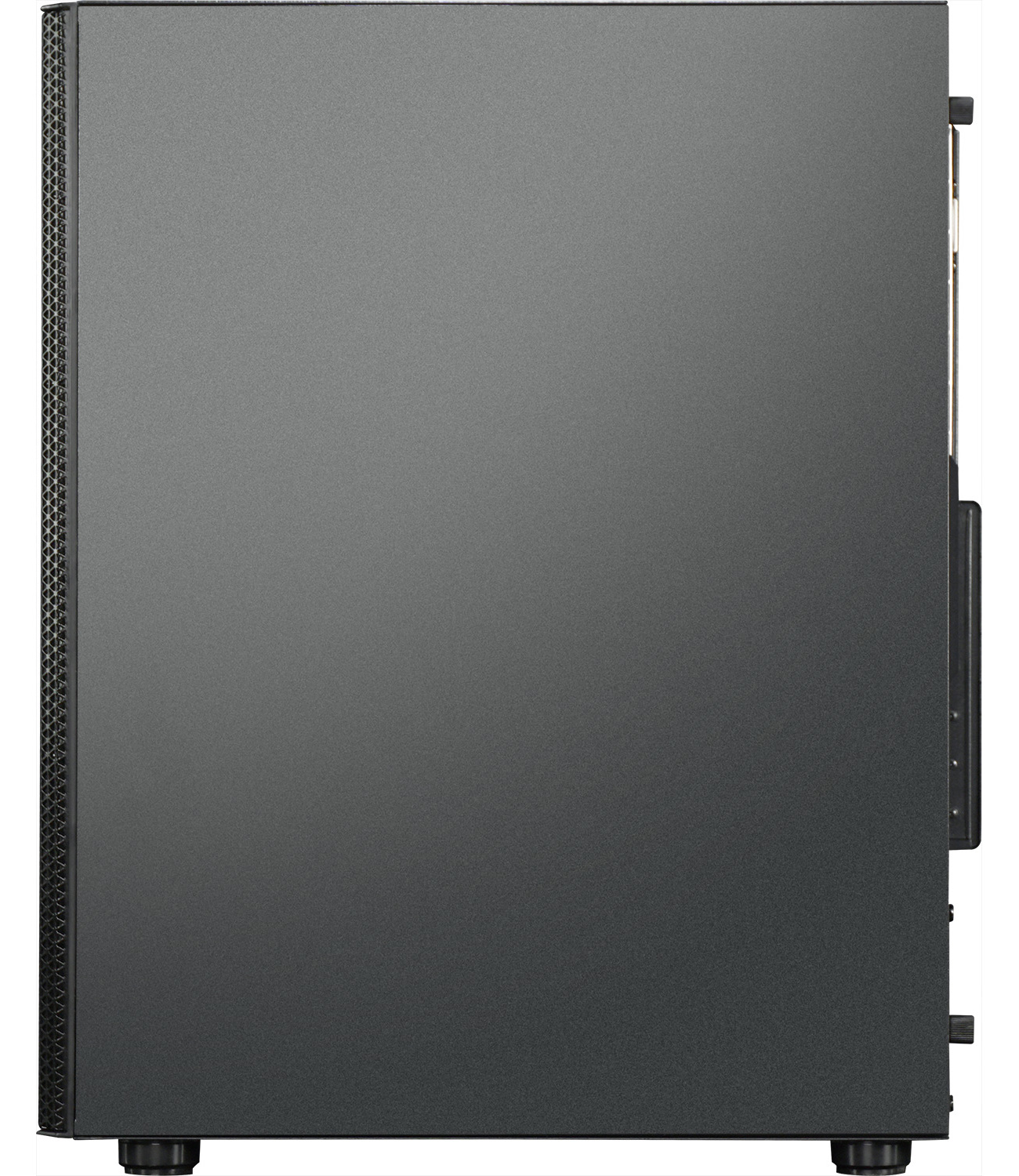 Black computer case in side profile, with ventilation grille on the left.