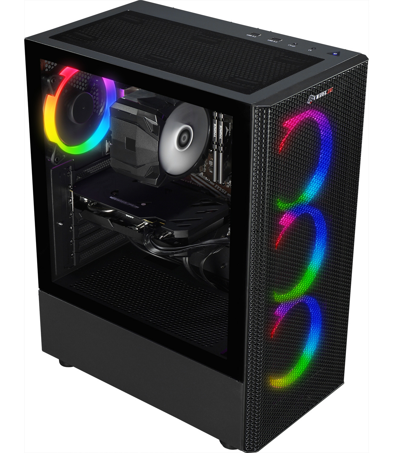 Black PC case with RGB fans and illuminated pattern on the front.