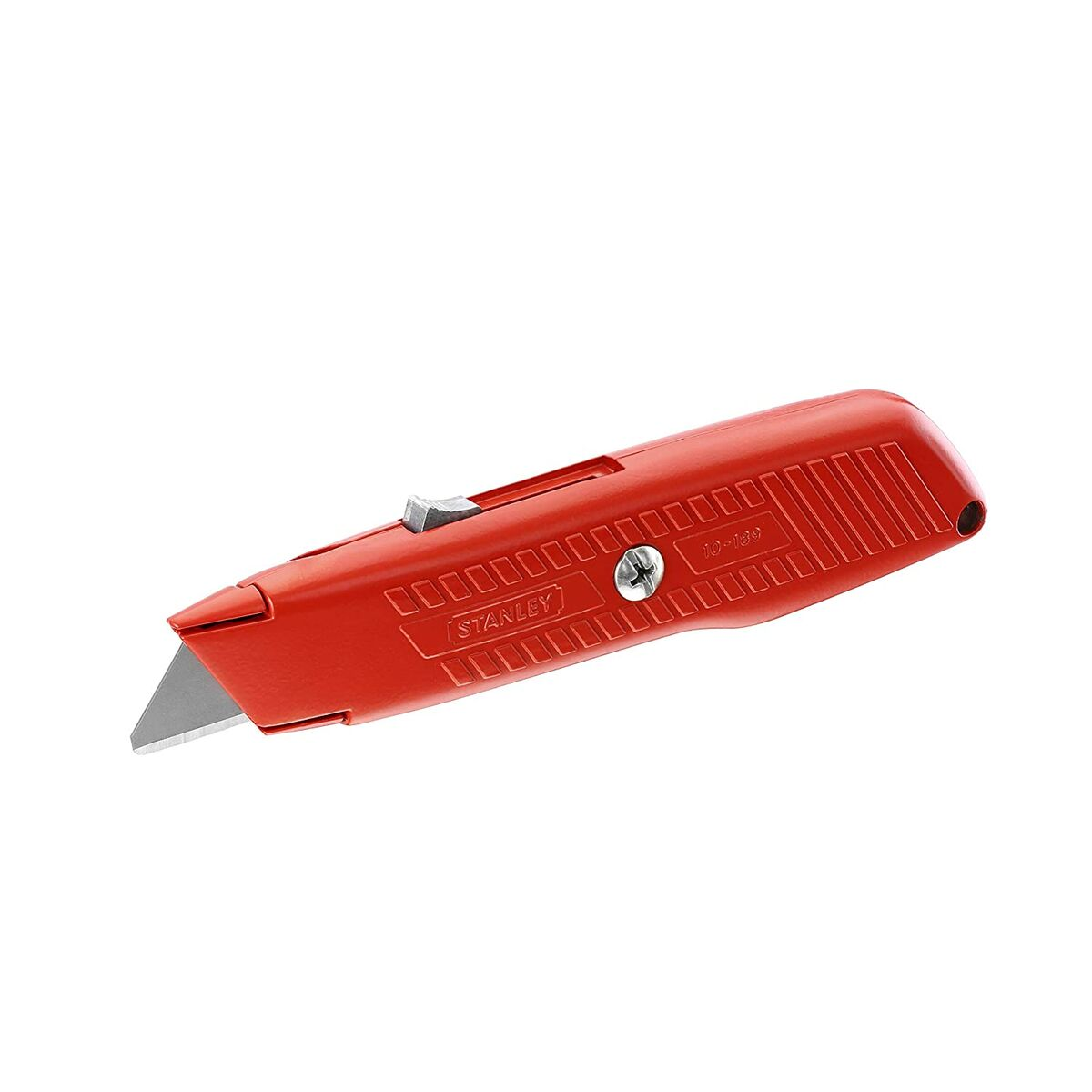 Gümüş bıçaklı ve kilitleme mekanizmalı kırmızı Stanley maket bıçağı.