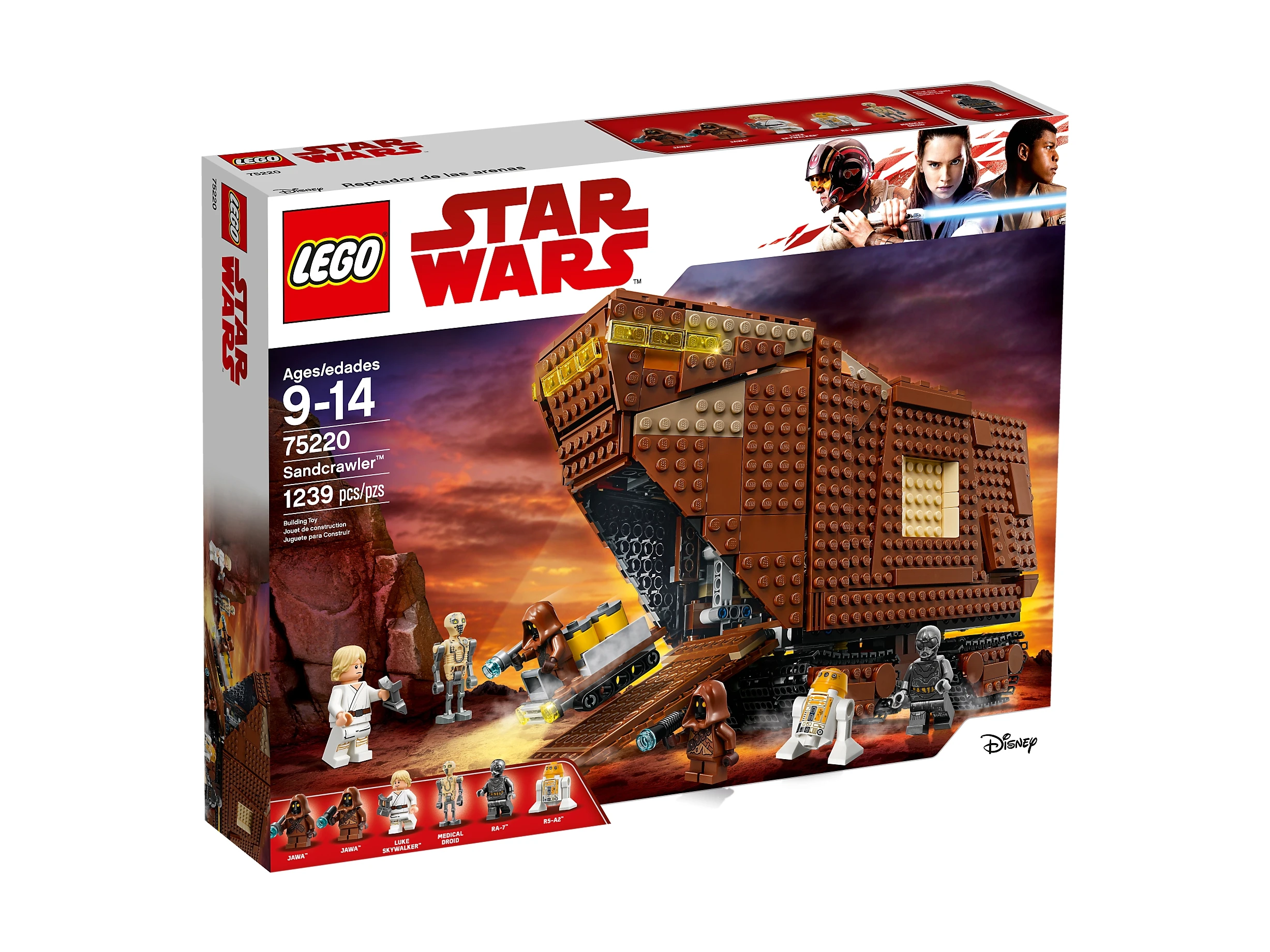 Zestaw konstrukcyjny Lego Star Wars Sandcrawler z minifigurkami i modelem statku.