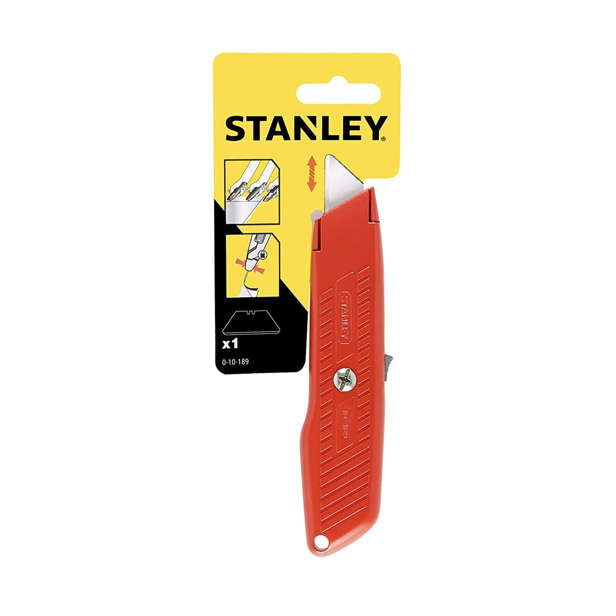 Talimatları gösteren sarı kart ambalajda kırmızı Stanley maket bıçağı.