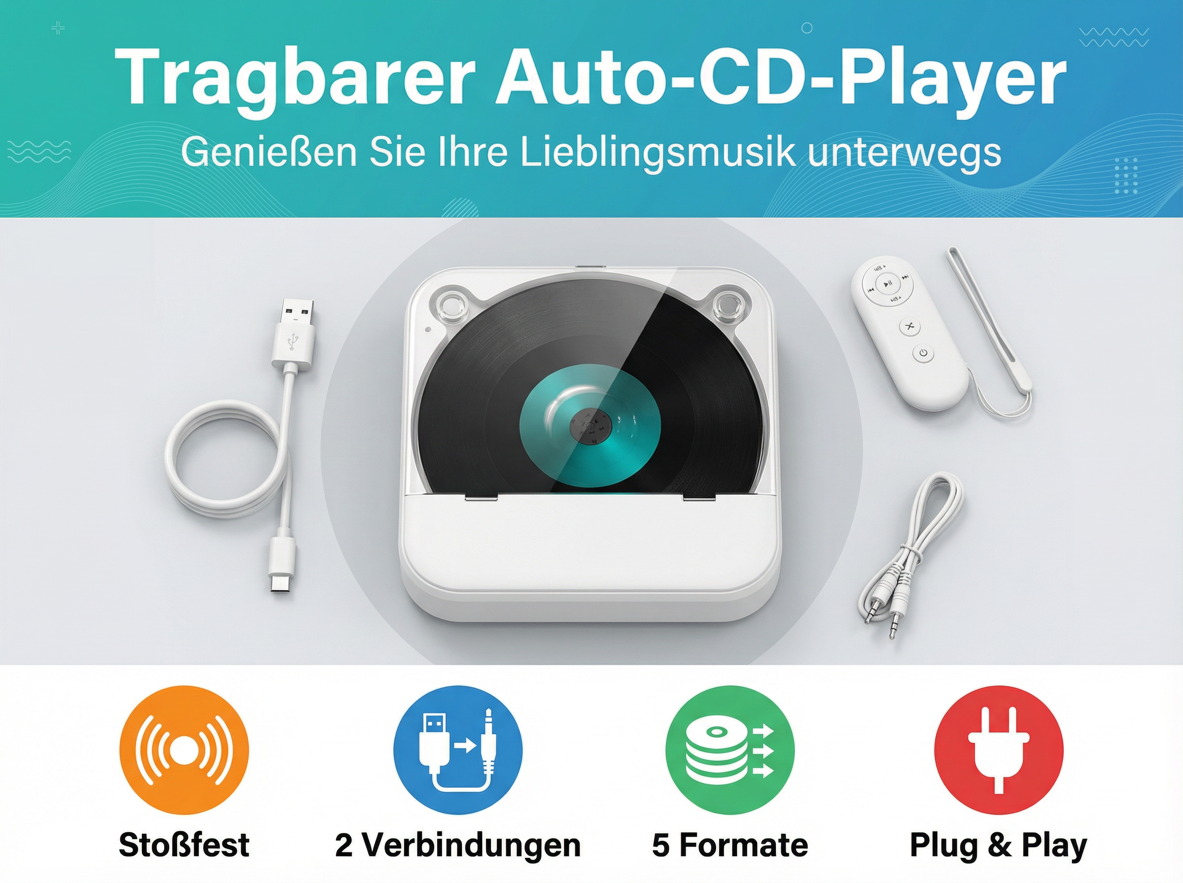 Tragbarer CD-Player mit Fernbedienung, USB-Kabel, Audio-Kabel.