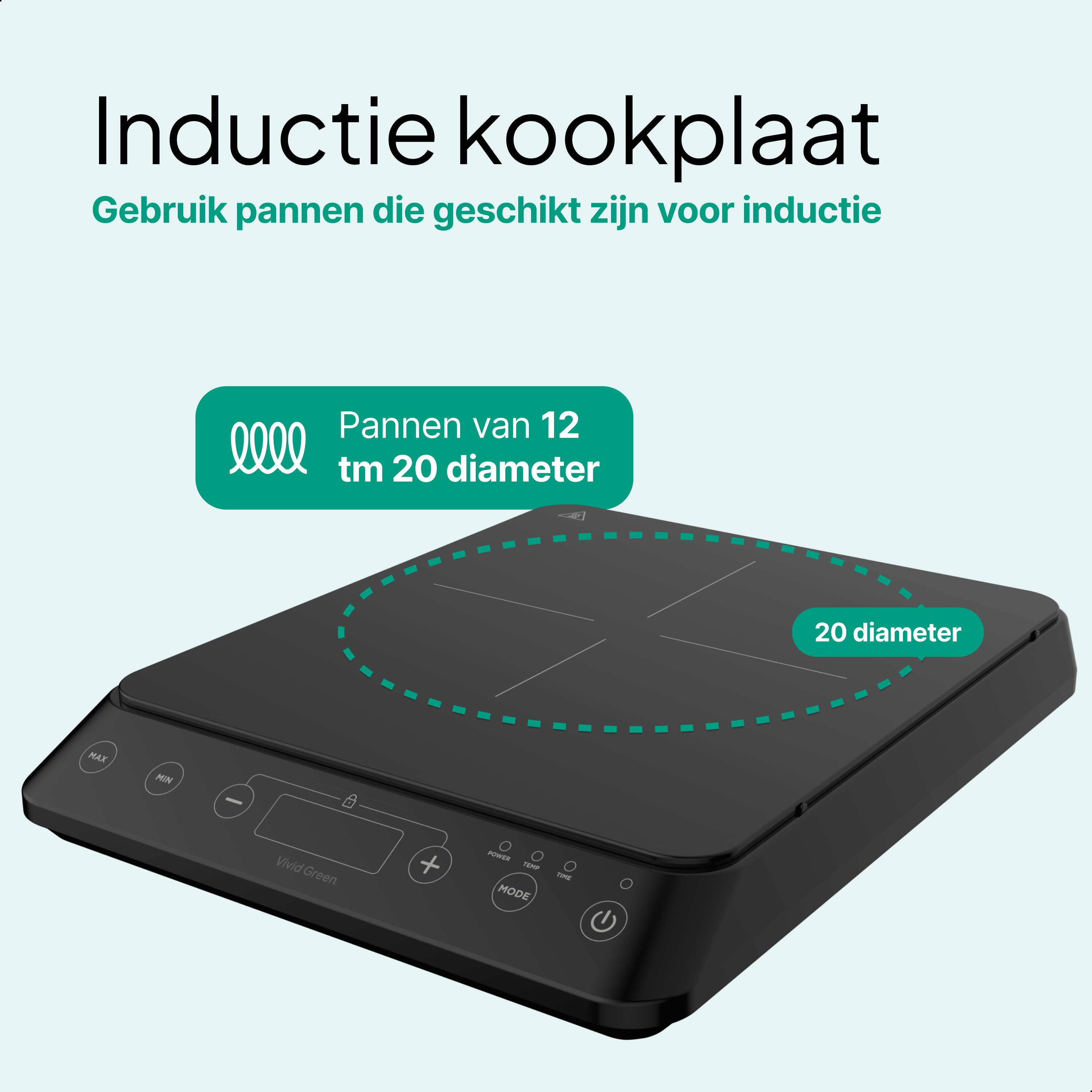 Black induction cooktop with control panel and 20 cm diameter marking.