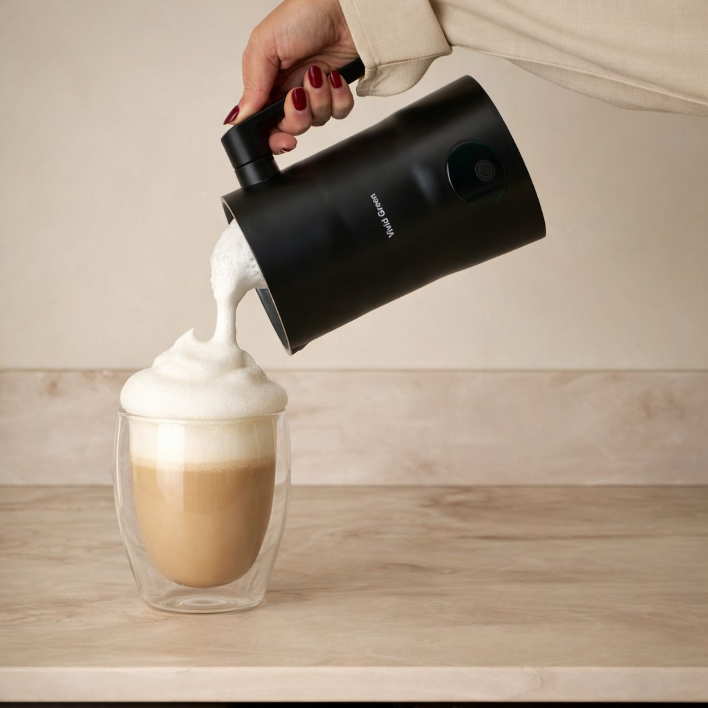 A hand pours white milk foam from a black device into a glass of coffee.