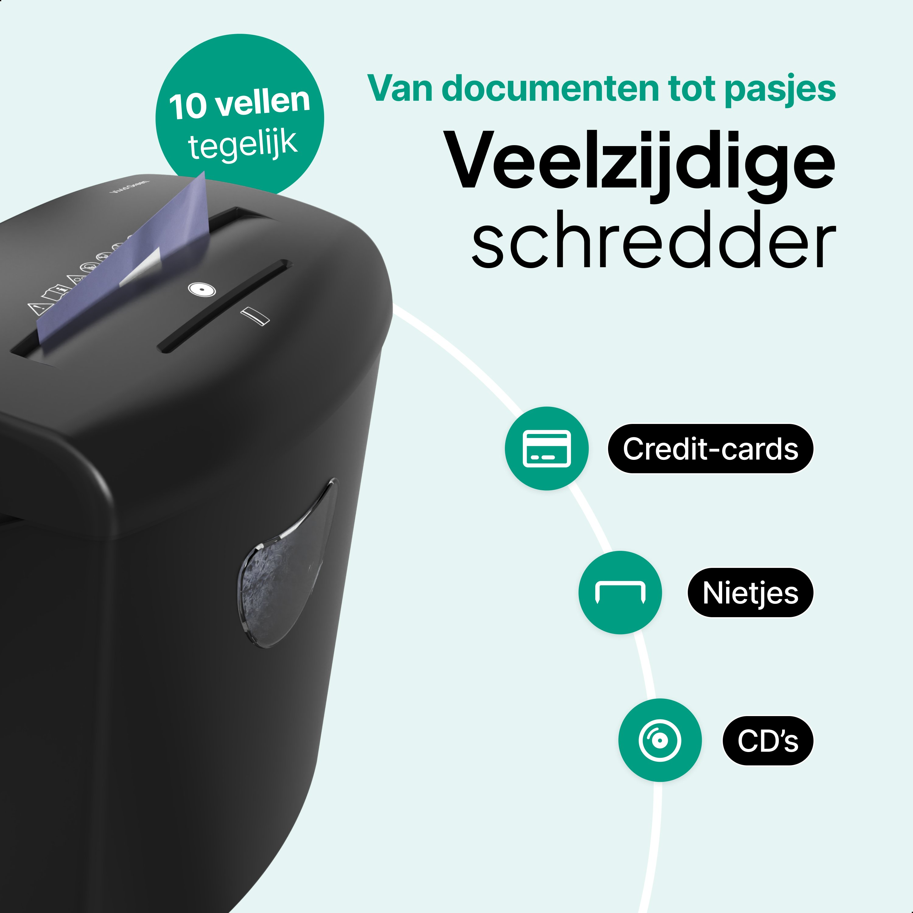 A black shredder shreds a purple document. It can handle 10 sheets, credit cards, staples, and CDs.