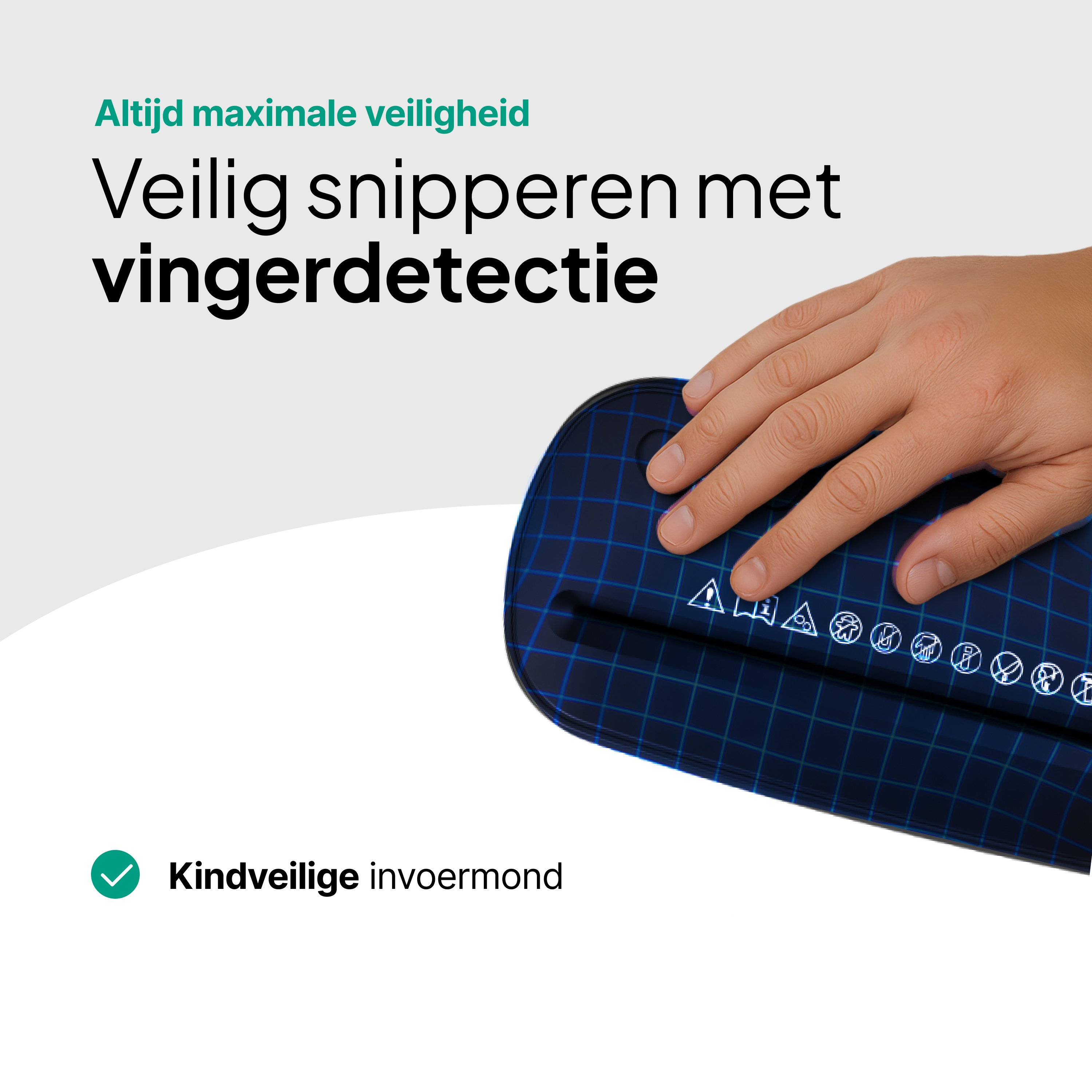 Hand approaches a blue grid paper shredder with symbols.