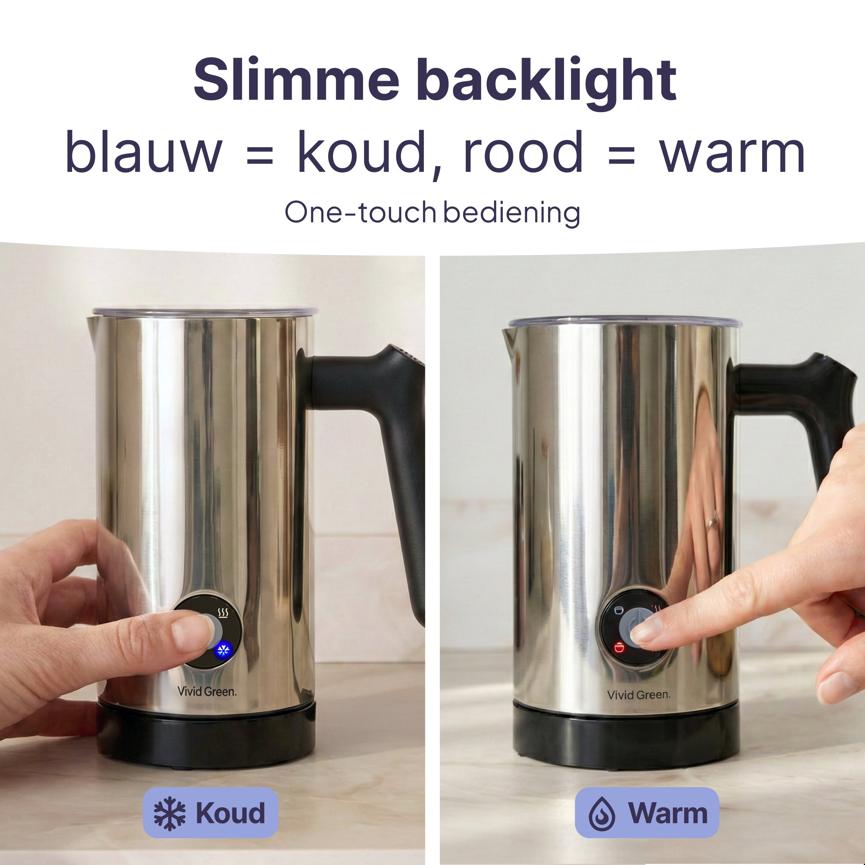 Two stainless steel milk frothers. Left shows cold mode, right shows warm mode.