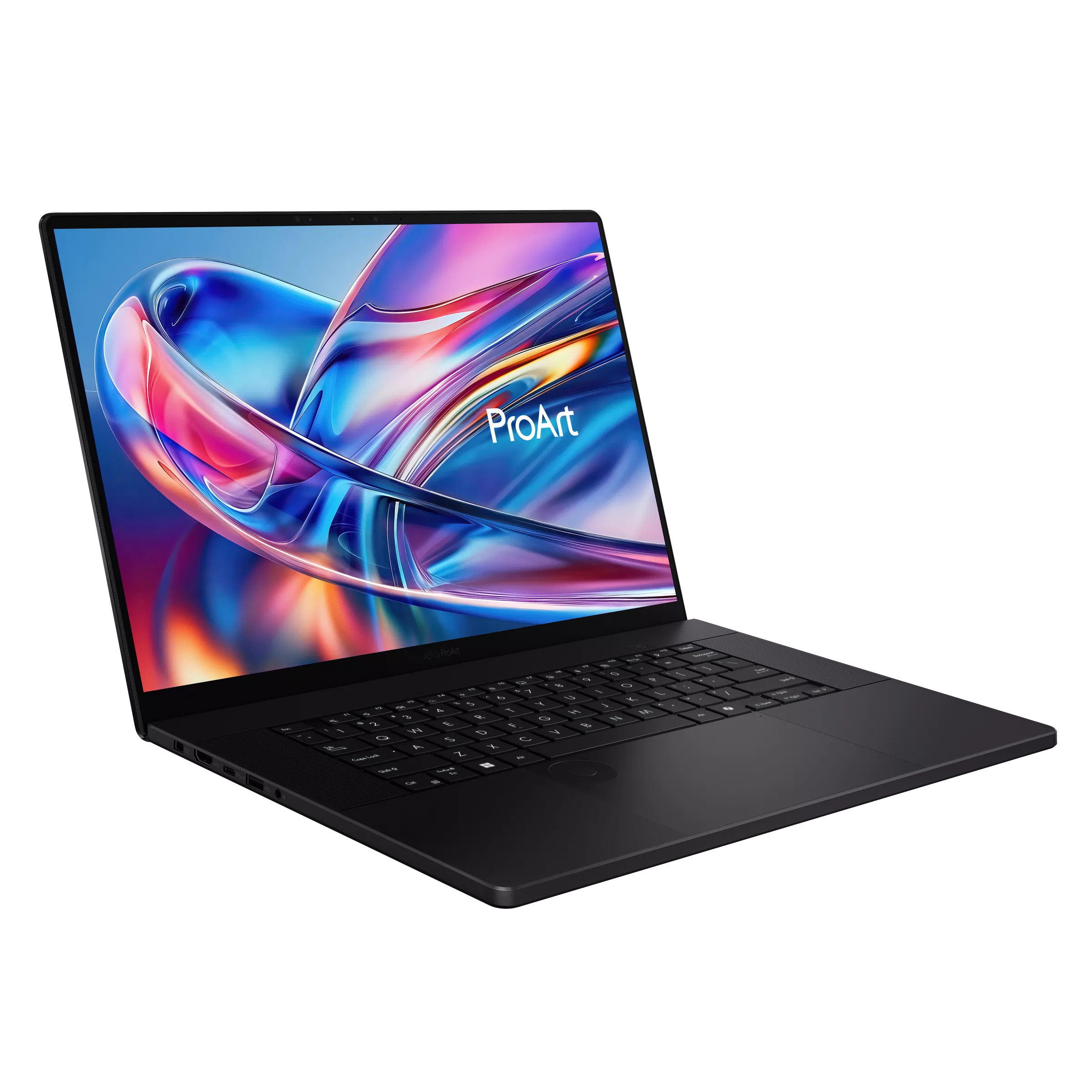 Un laptop nero con uno sfondo astratto e vibrante sullo schermo.