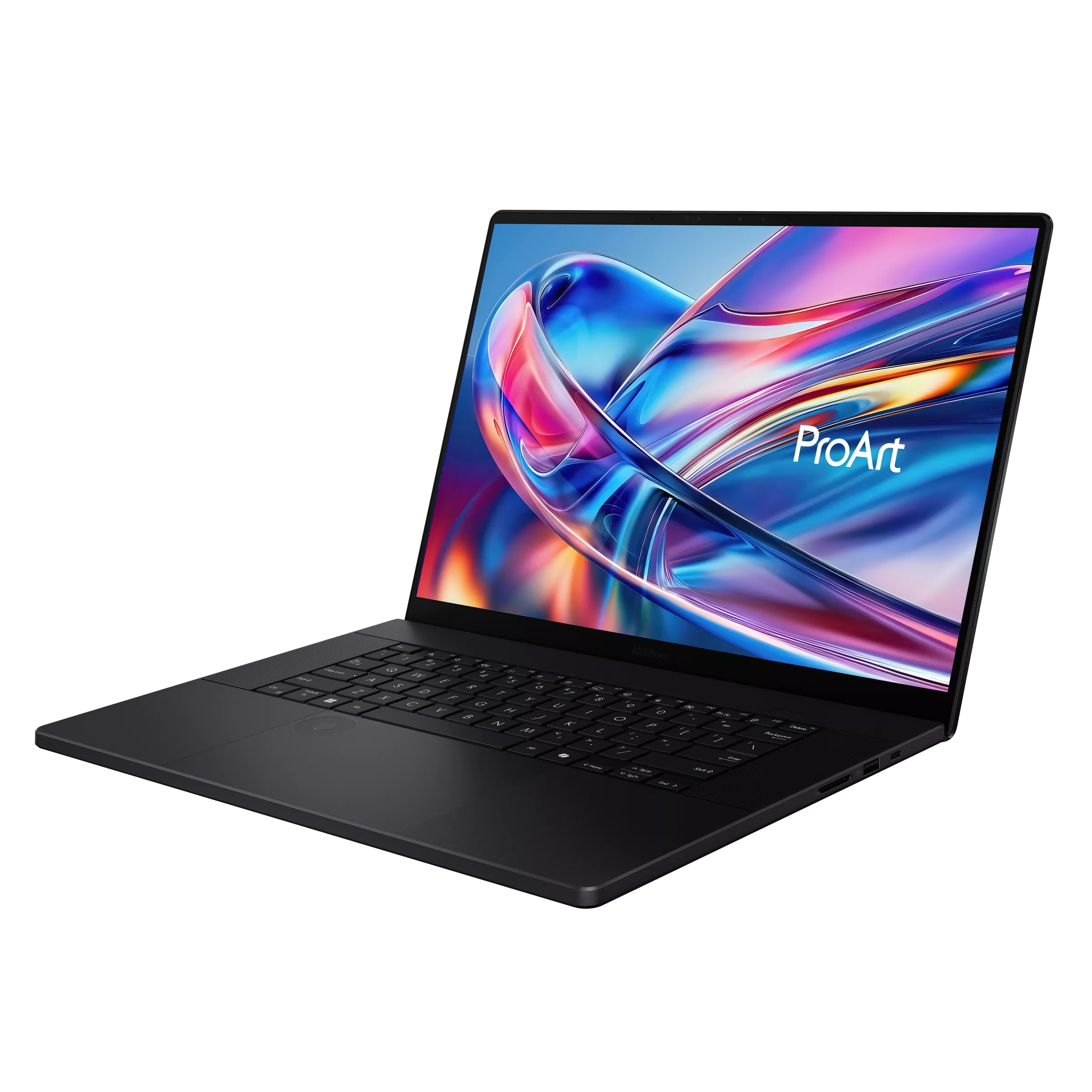 Un laptop nero con logo ProArt sullo schermo che mostra un'immagine astratta.