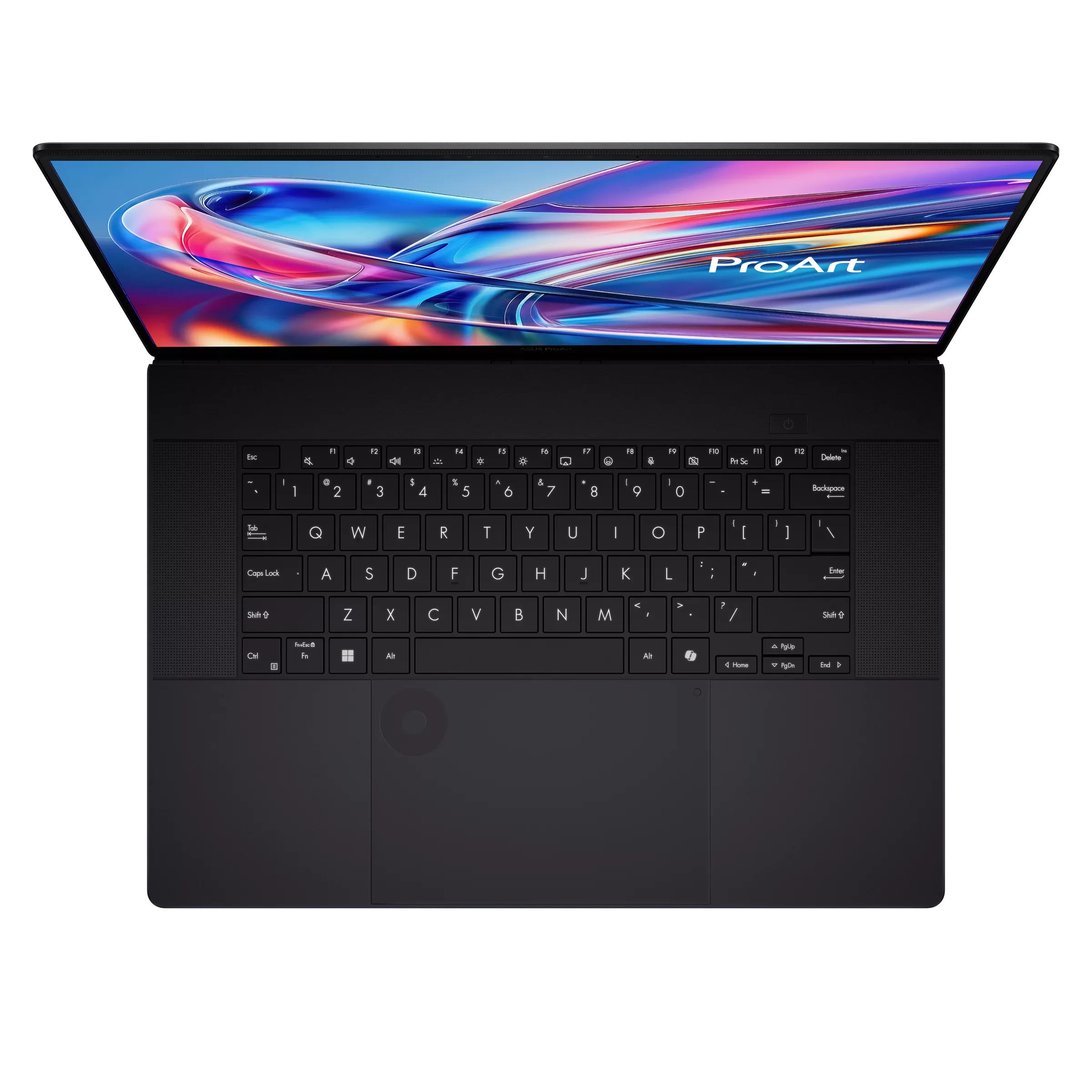 Laptop nero con coperchio aperto, che mostra uno sfondo astratto colorato.