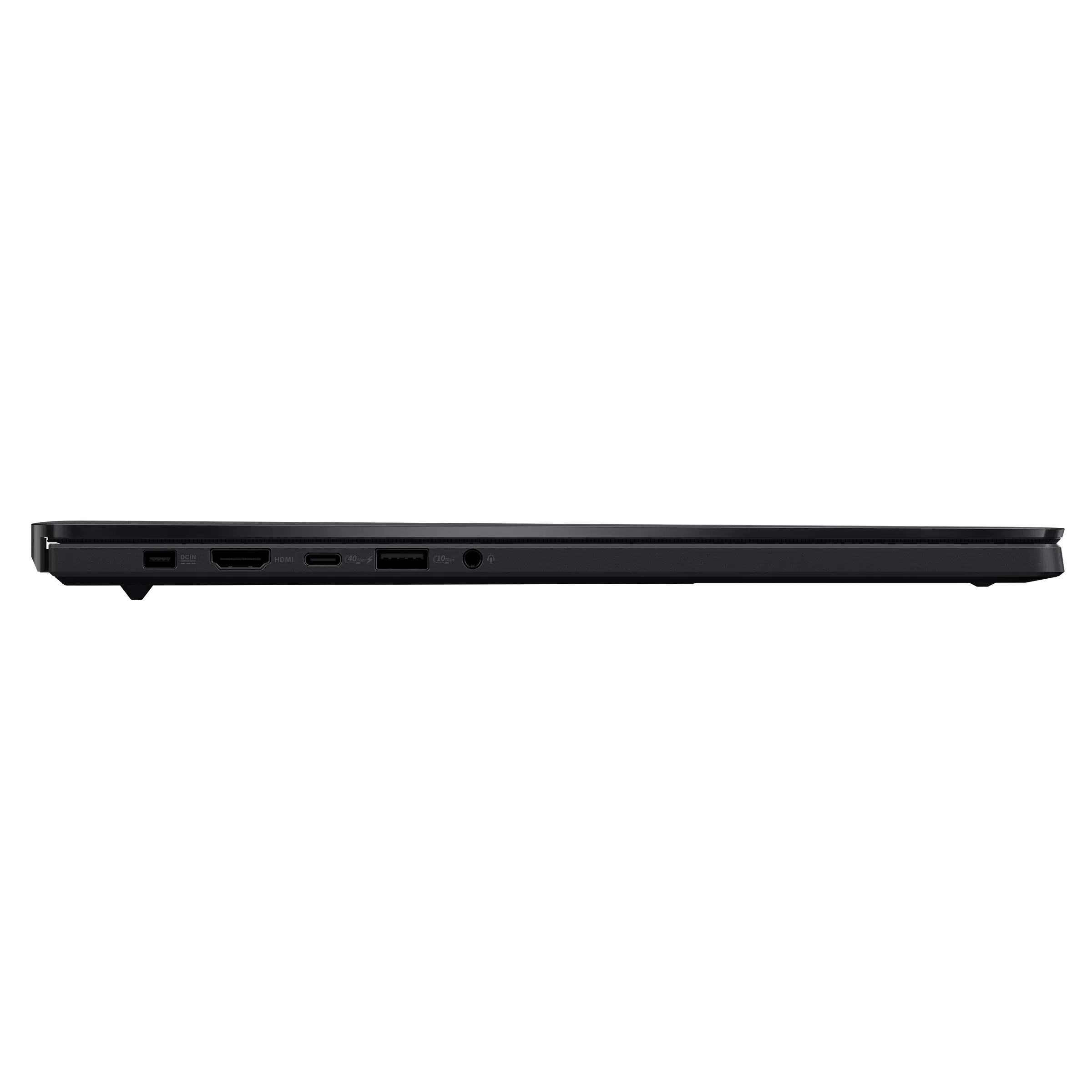 Vista laterale di un laptop nero che mostra le porte: USB, DCIN, HDMI, Thunderbolt.