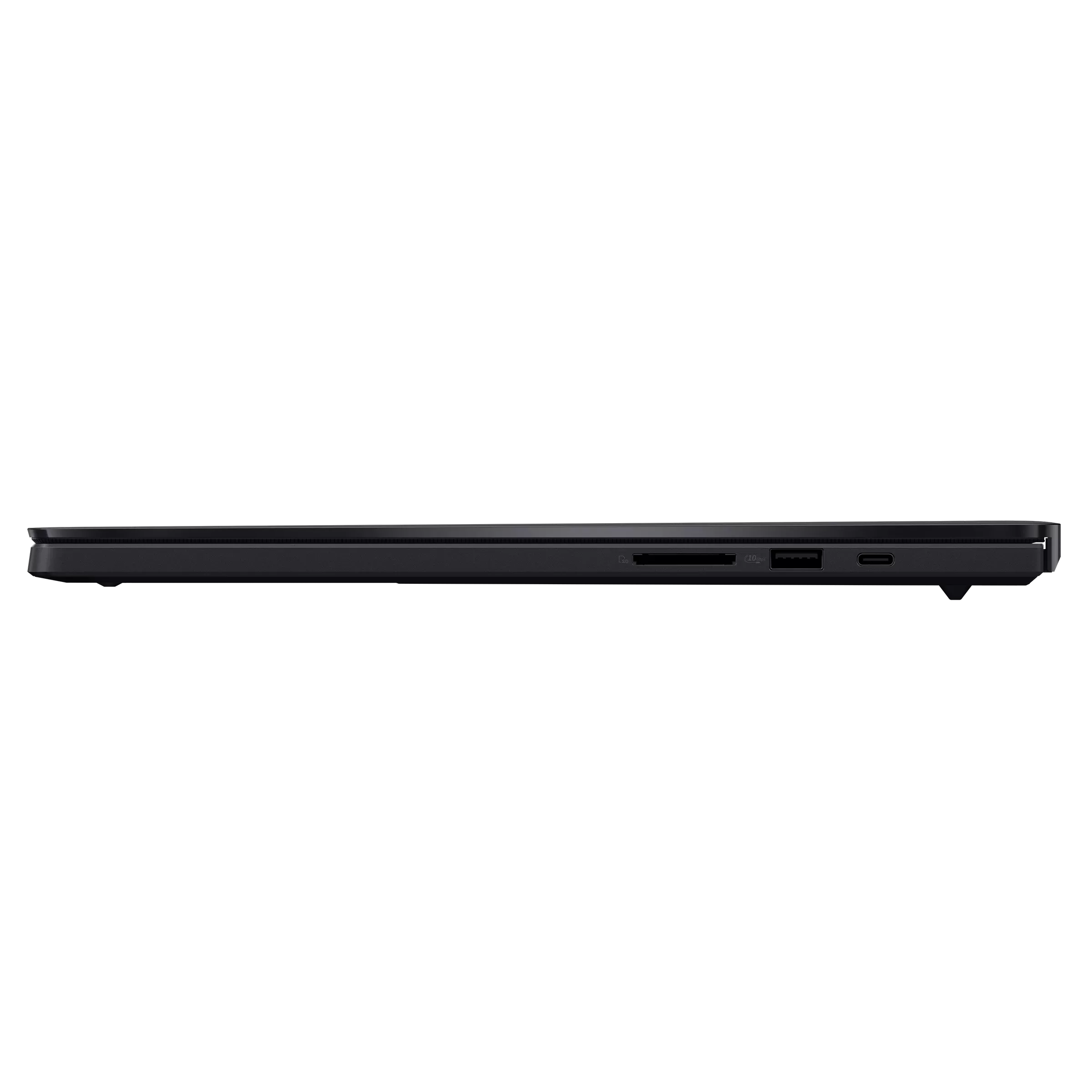 Laptop nero vista laterale con slot USB e schede SD.