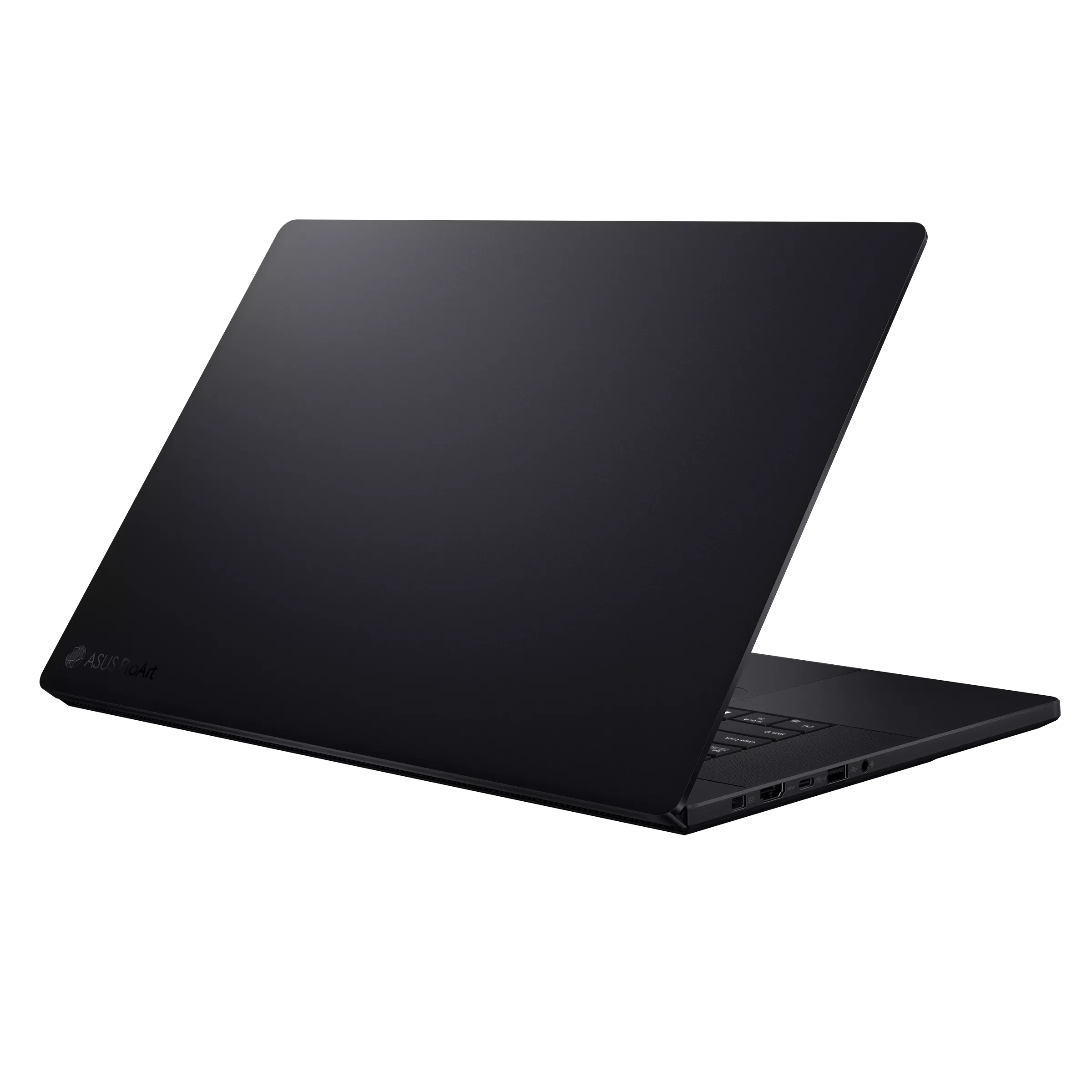 Laptop ASUS ProArt nero, aperto, mostra tastiera e porte.
