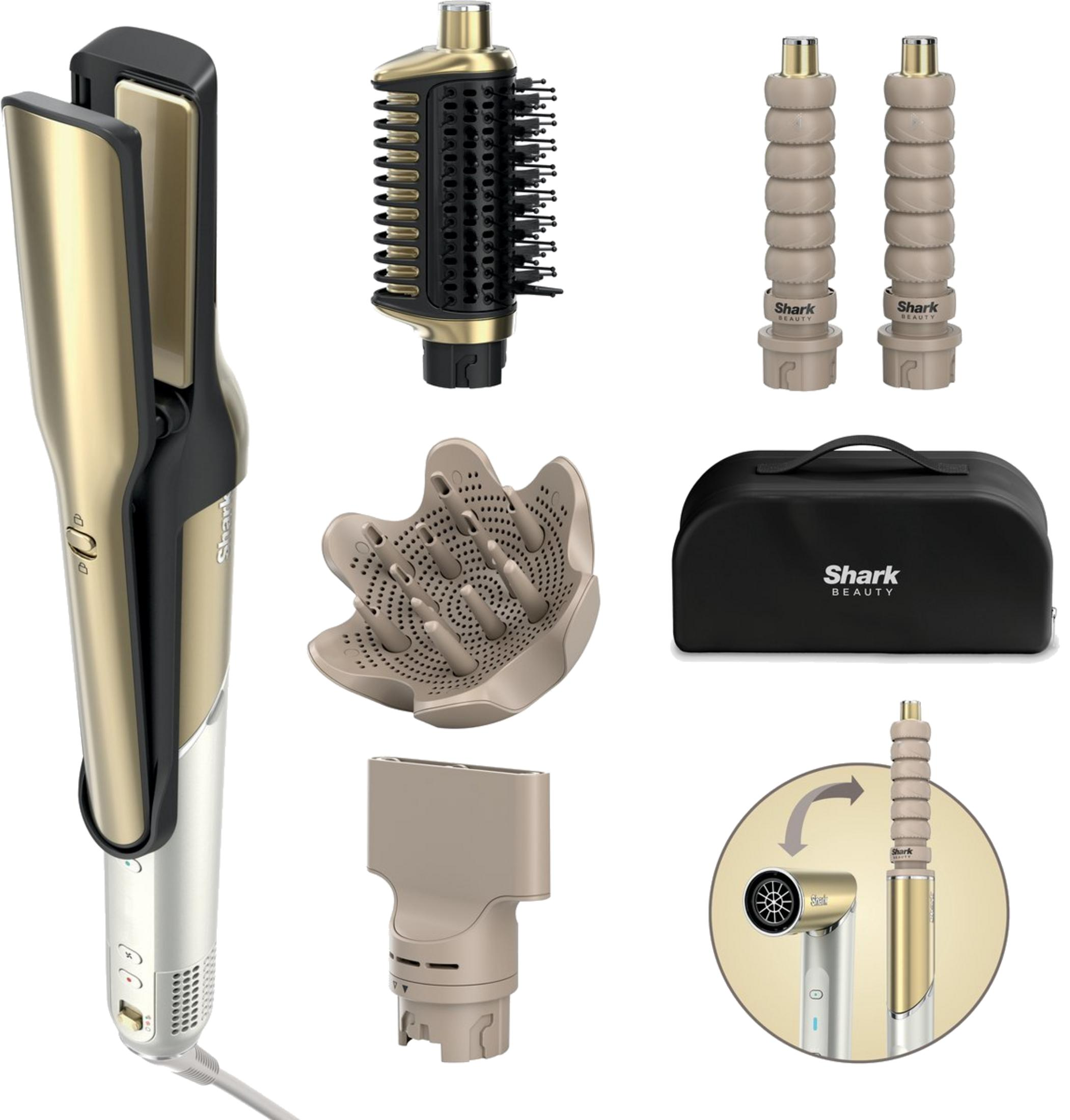 Un styler per capelli dorato con accessori: piastra, cilindri arricciacapelli, diffusore, spazzola e borsa.