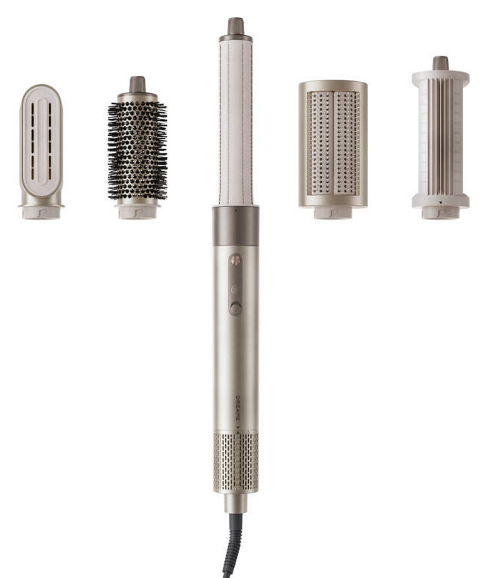 Un tool per lo styling dei capelli dorato con cinque accessori su sfondo bianco.