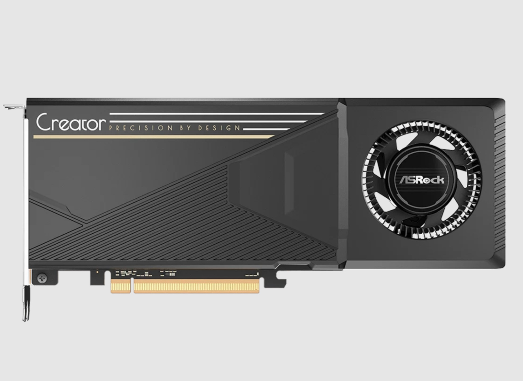 Scheda grafica nera con loghi "Creator" e "ASRock". Ventola frontale.