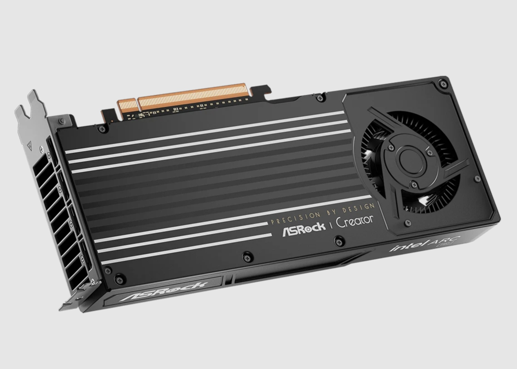 Scheda grafica nera con strisce argentate, ventola e logo Intel Arc.