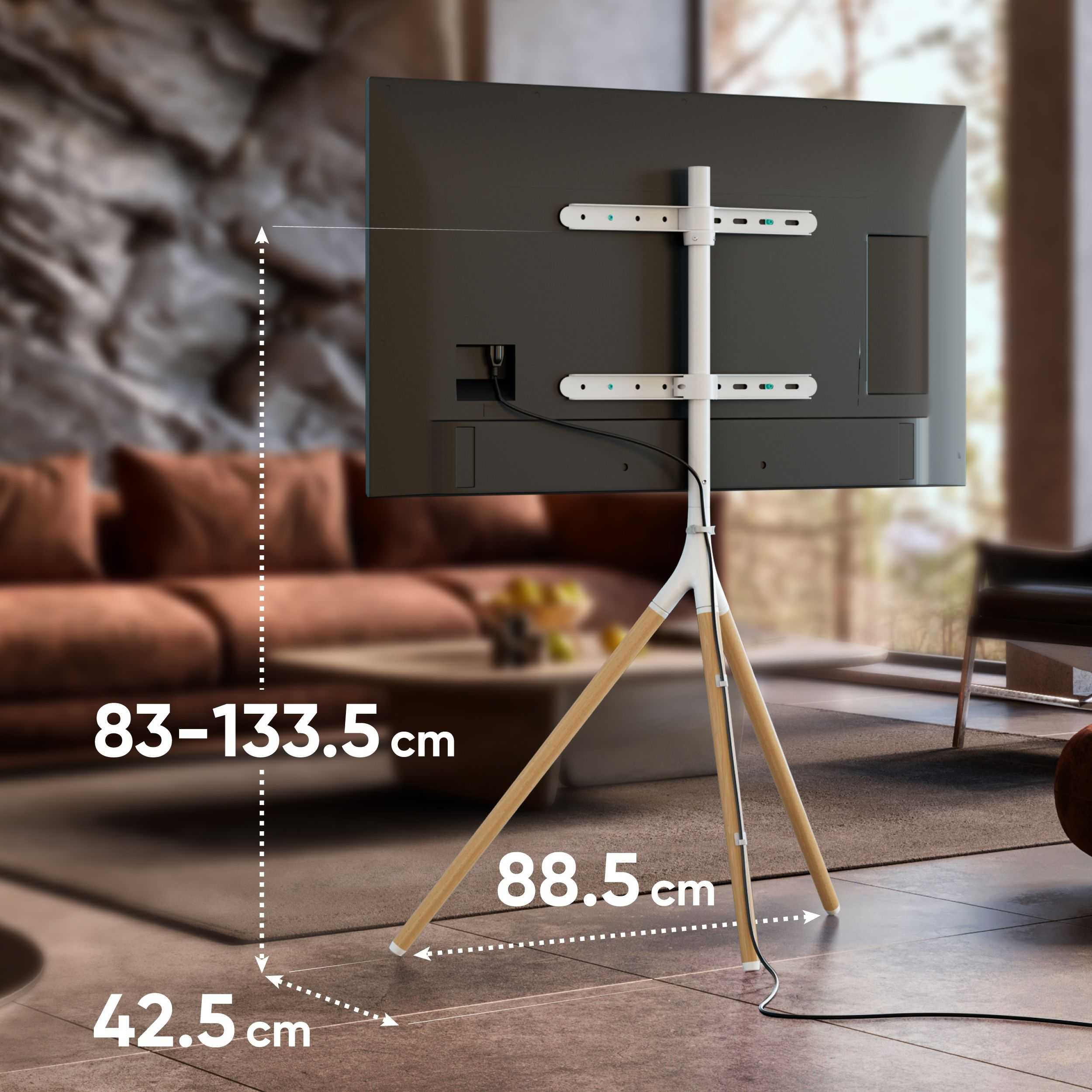Nowoczesny stojak pod TV z drewnianymi nogami w salonie. Podane wymiary.