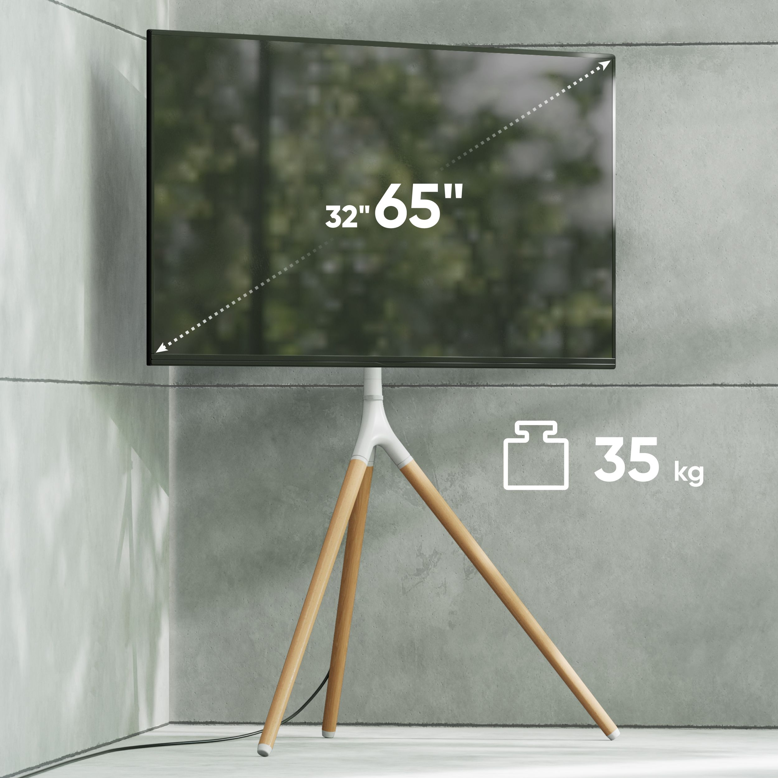 Nowoczesny telewizor na statywie z drewnianymi nogami, 32-65 cali, udźwig 35 kg.