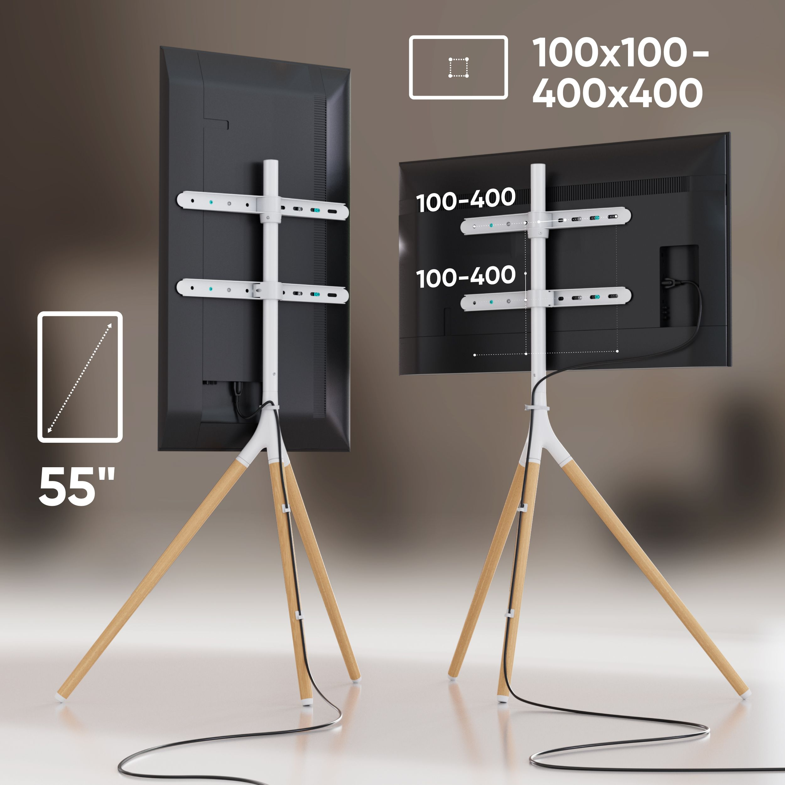 Telewizor 55-calowy na statywie z drewnianymi nogami.