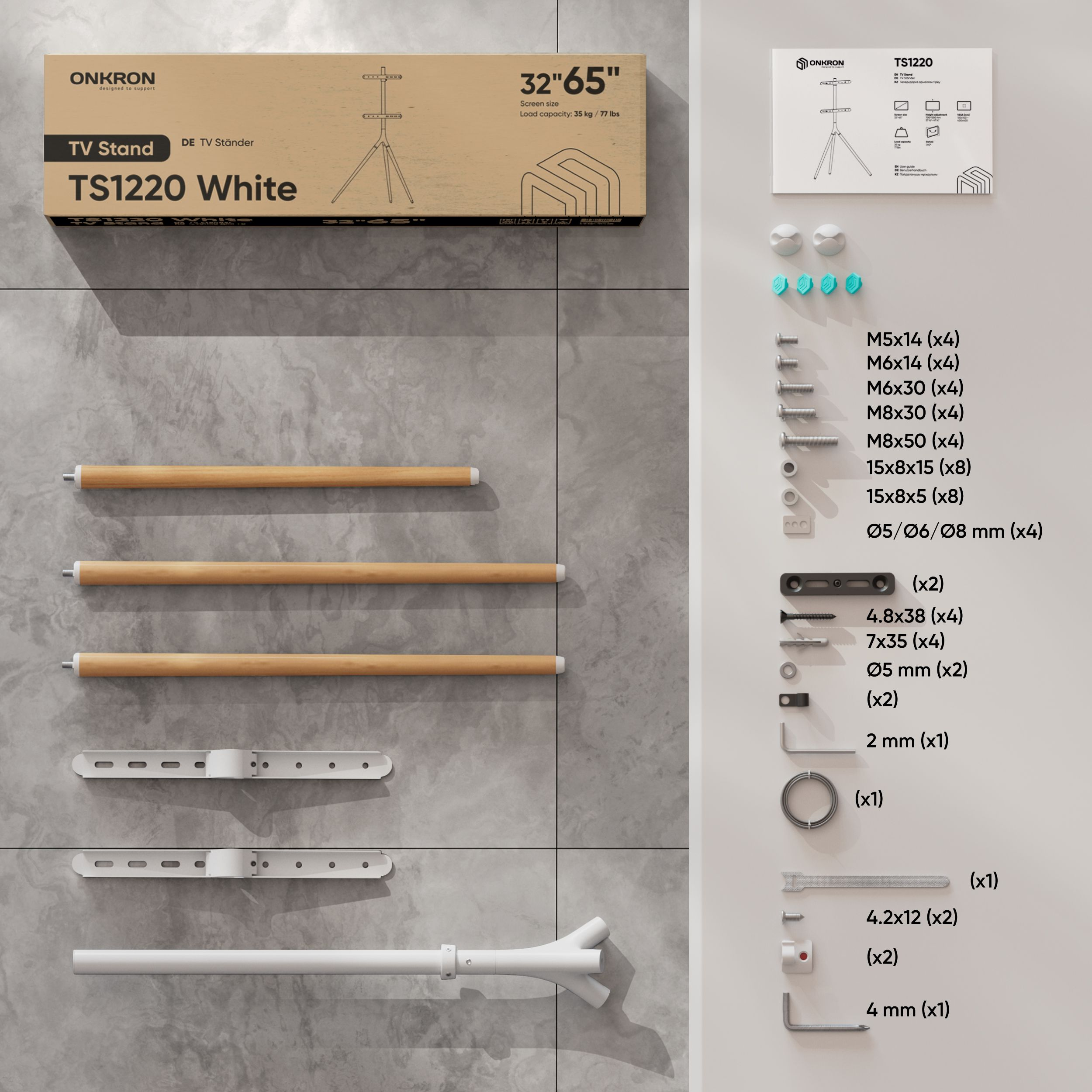 Elementy stojaka TV i instrukcje na szarym tle.