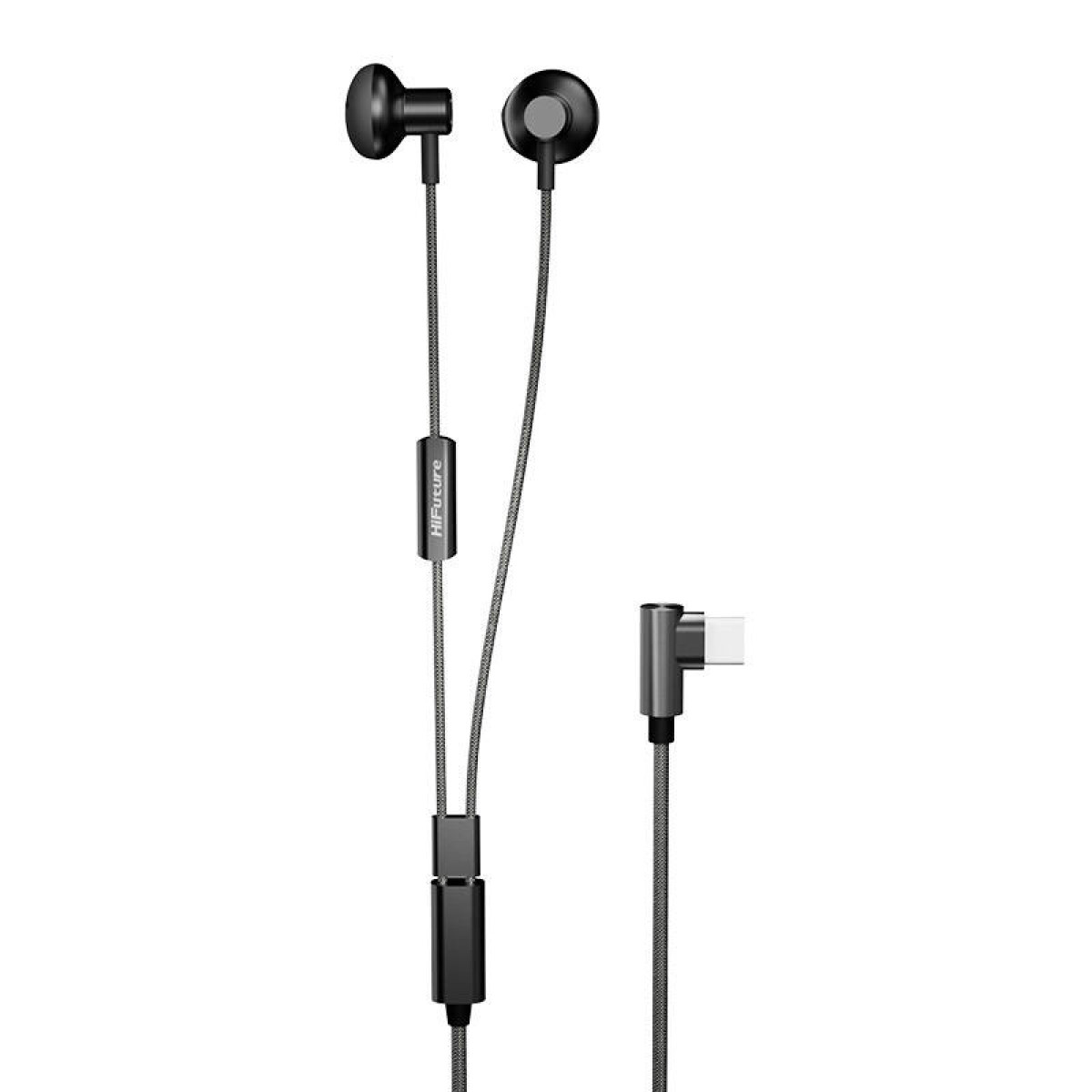 Auricolari neri con connettore USB-C su sfondo bianco.