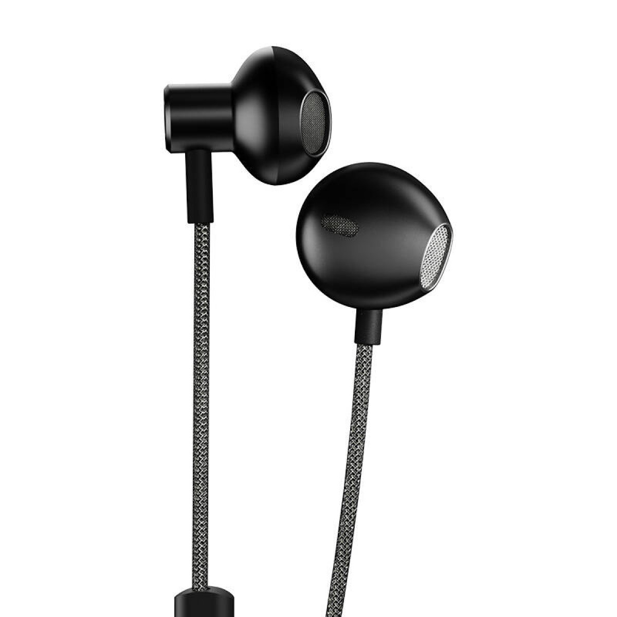 Auricolari neri con cavi intrecciati su sfondo bianco.