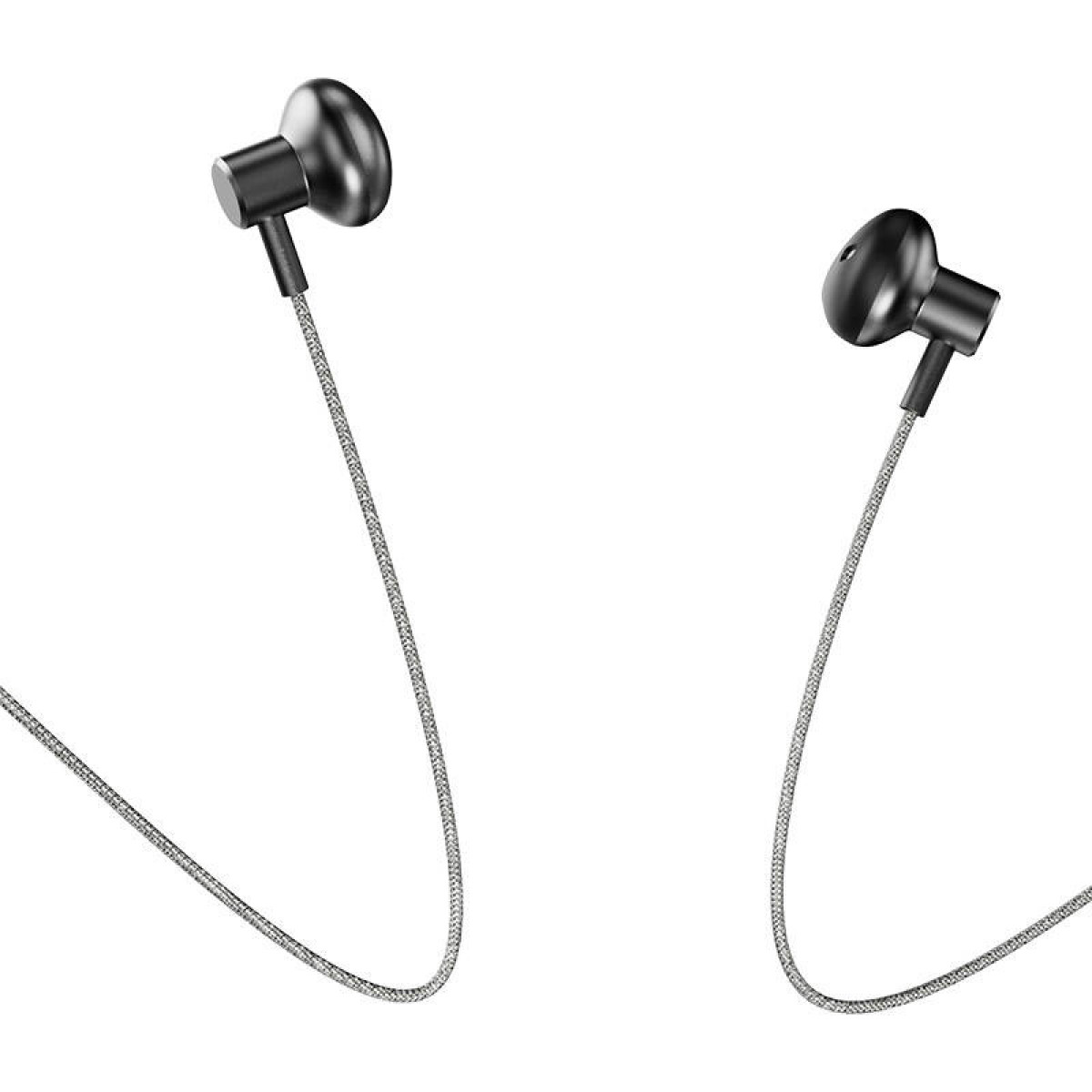 Auricolari neri con cavo intrecciato su sfondo bianco.