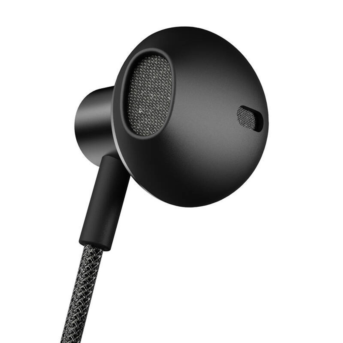 Auricolare in-ear nero con mesh e cavo intrecciato.