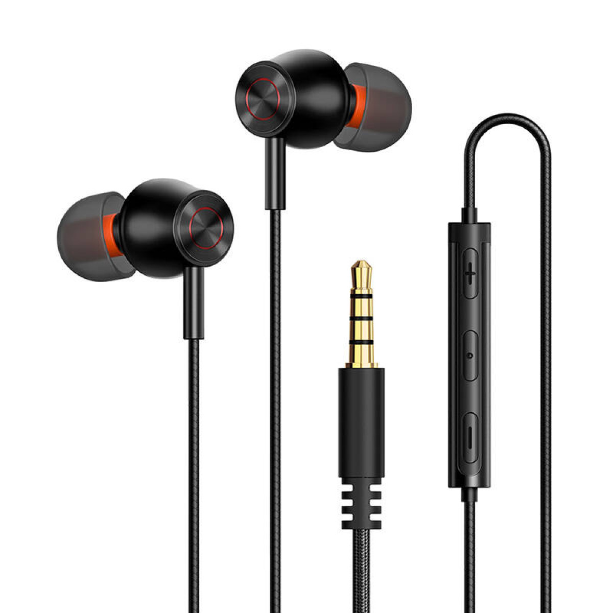 Auricolari neri con dettaglio ad anello rosso e jack da 3,5 mm.