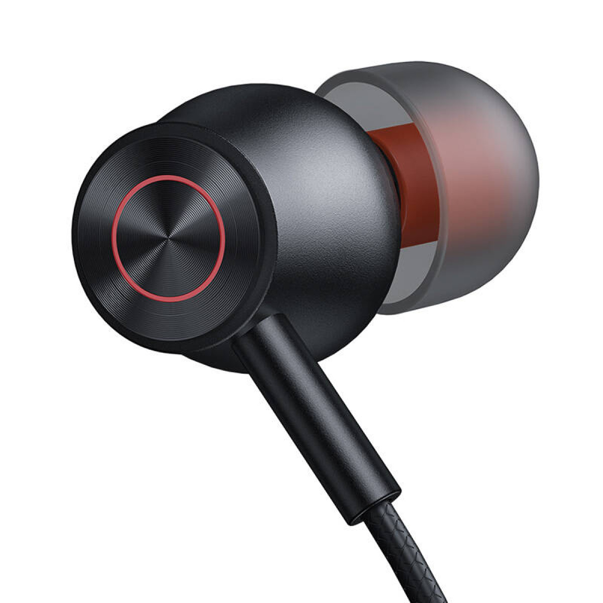 Auricolare in-ear nero con accenti rossi e gommino trasparente.