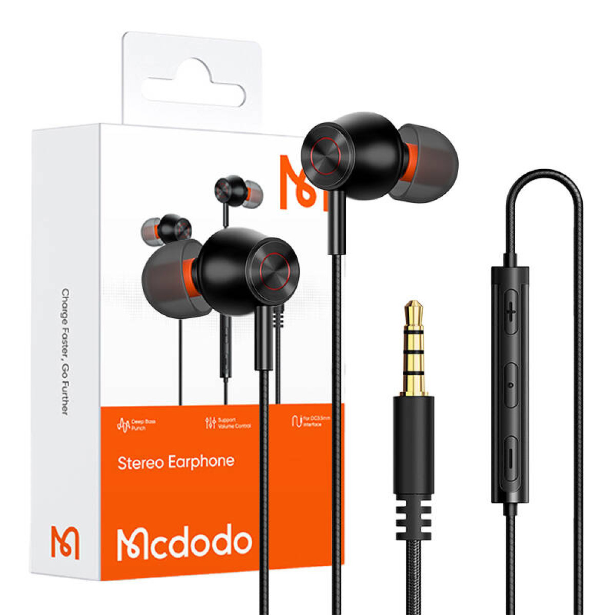 Auricolari neri con accenti arancioni e telecomando su sfondo bianco.