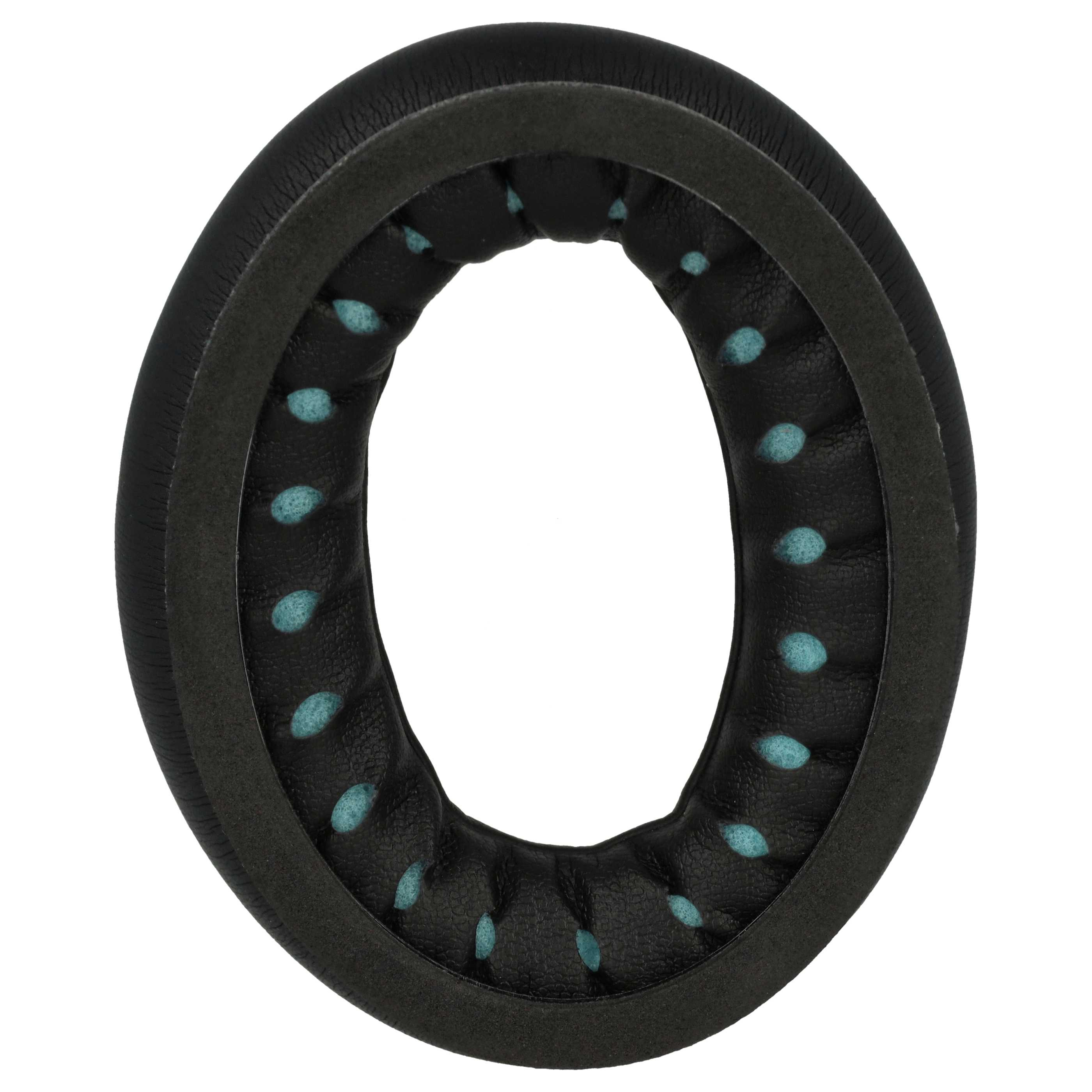 Schwarzer Ohrpolster mit blauen Akzenten, oval und gepolstert.