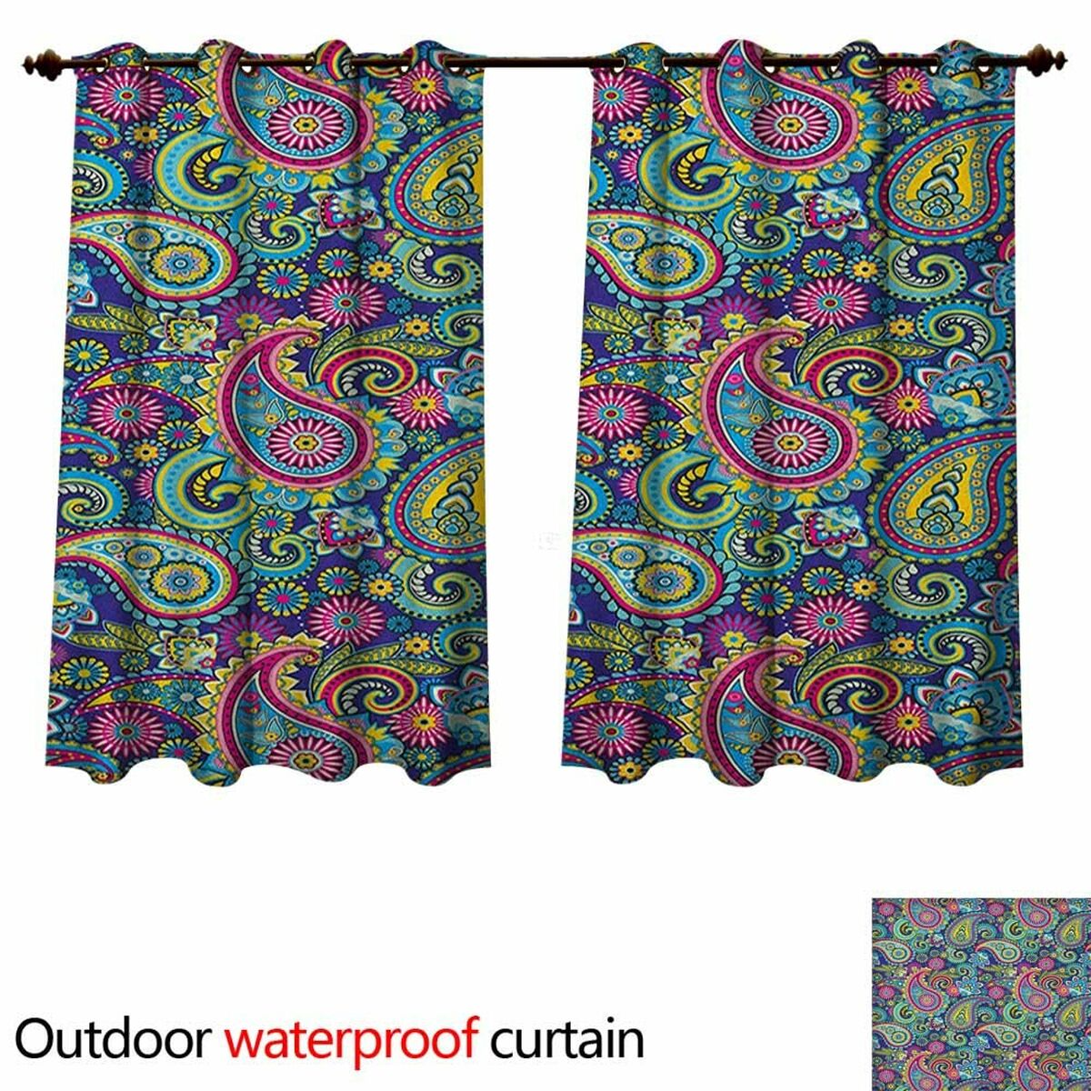 Zwei Außenvorhänge mit buntem Paisley-Muster in Blau, Gelb, Pink und Lila.