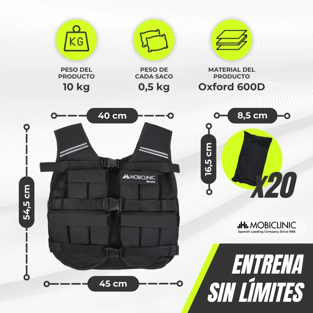 Chaleco lastrado negro, 54,5x45cm. Peso total 10kg. 20x bolsas 0,5kg.
