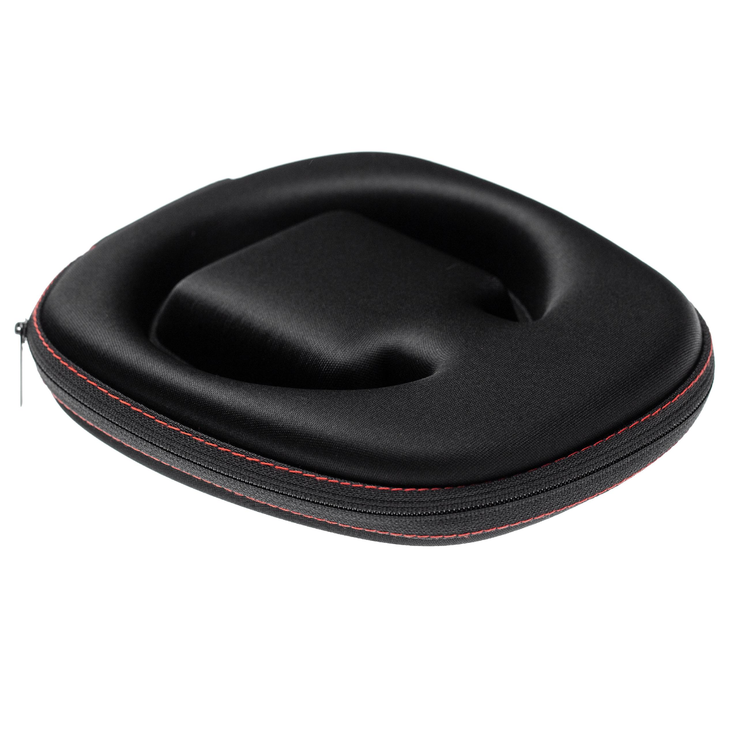 Schwarze Kopfhörertasche mit roter Naht, auf weißem Hintergrund.
