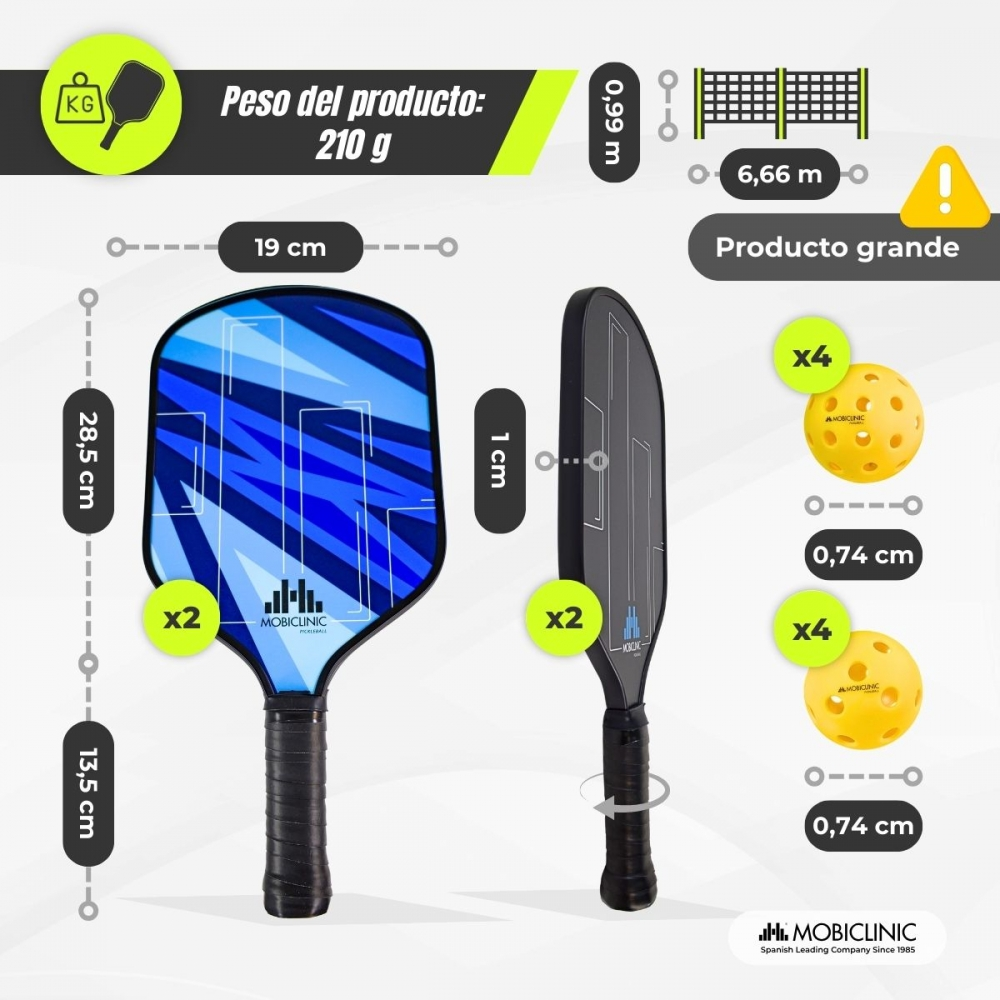 Una pala de pickleball (28,5 cm) y pelotas (0,74 cm). Peso 210g.