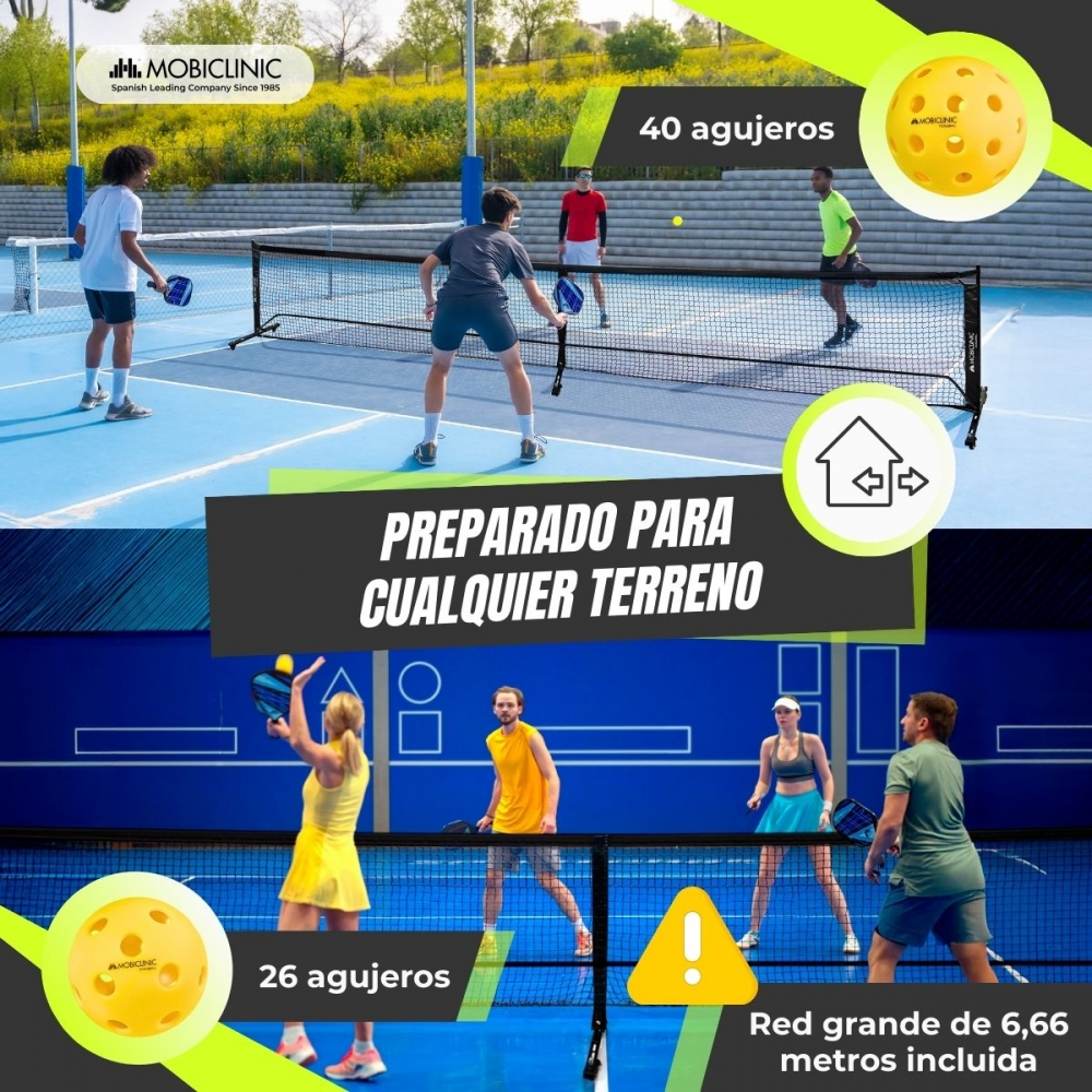 Personas jugando pickleball en cancha azul. Se ven pelotas amarillas.