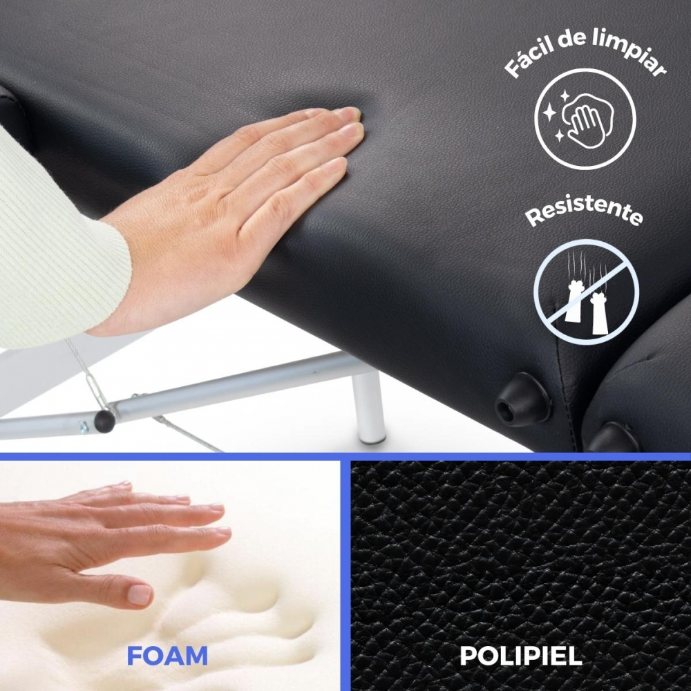 Una mano toca polipiel negro. A su lado se muestran espuma y textura del material.