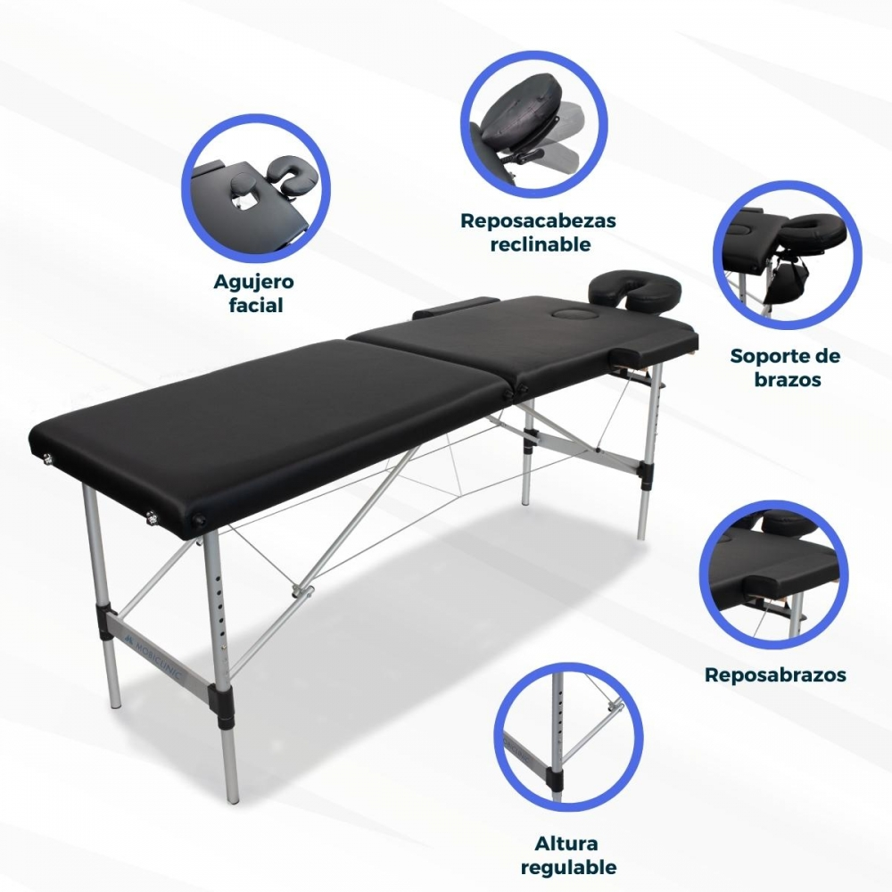 Mesa de masaje negra con reposacabezas, reposabrazos y ajuste de altura.