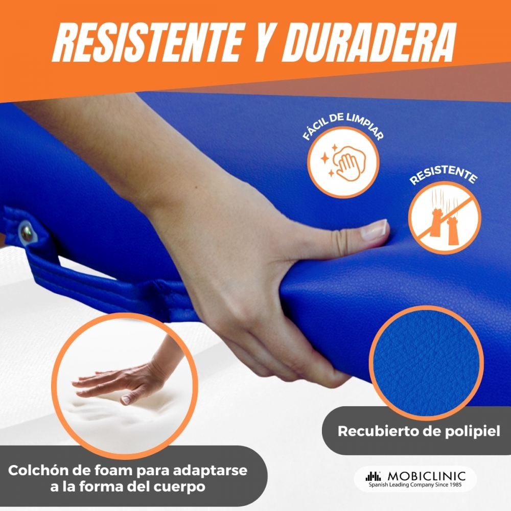 Una mano presiona acolchado azul. Iconos muestran fácil limpieza y resistencia.