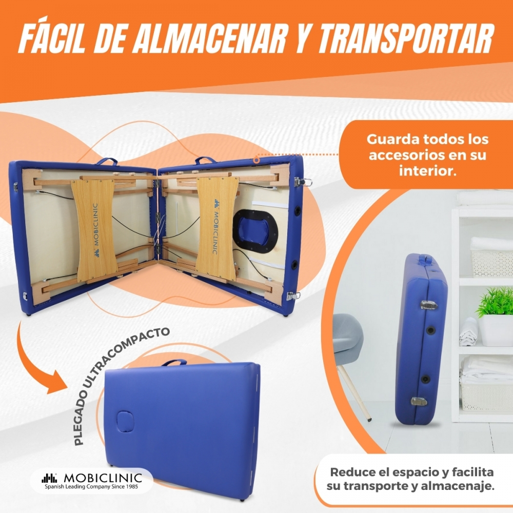 Se muestra una camilla de masaje azul, abierta y plegada.