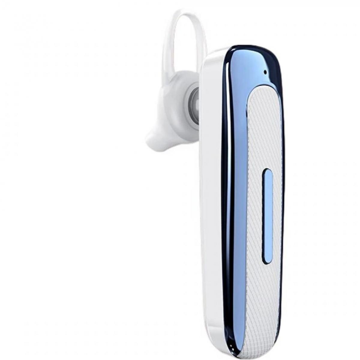 Ein weißes Bluetooth-Headset mit blauen Akzenten auf weißem Hintergrund.