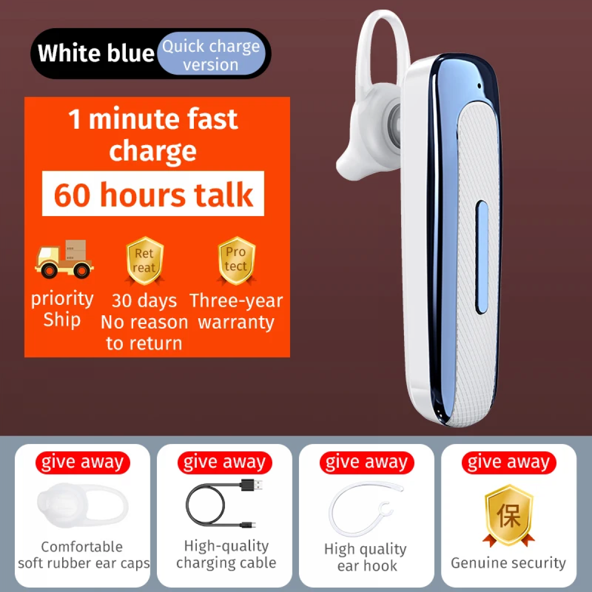 Ein weiß-blauer Bluetooth-Kopfhörer mit Ladeinformationen und Zubehör.