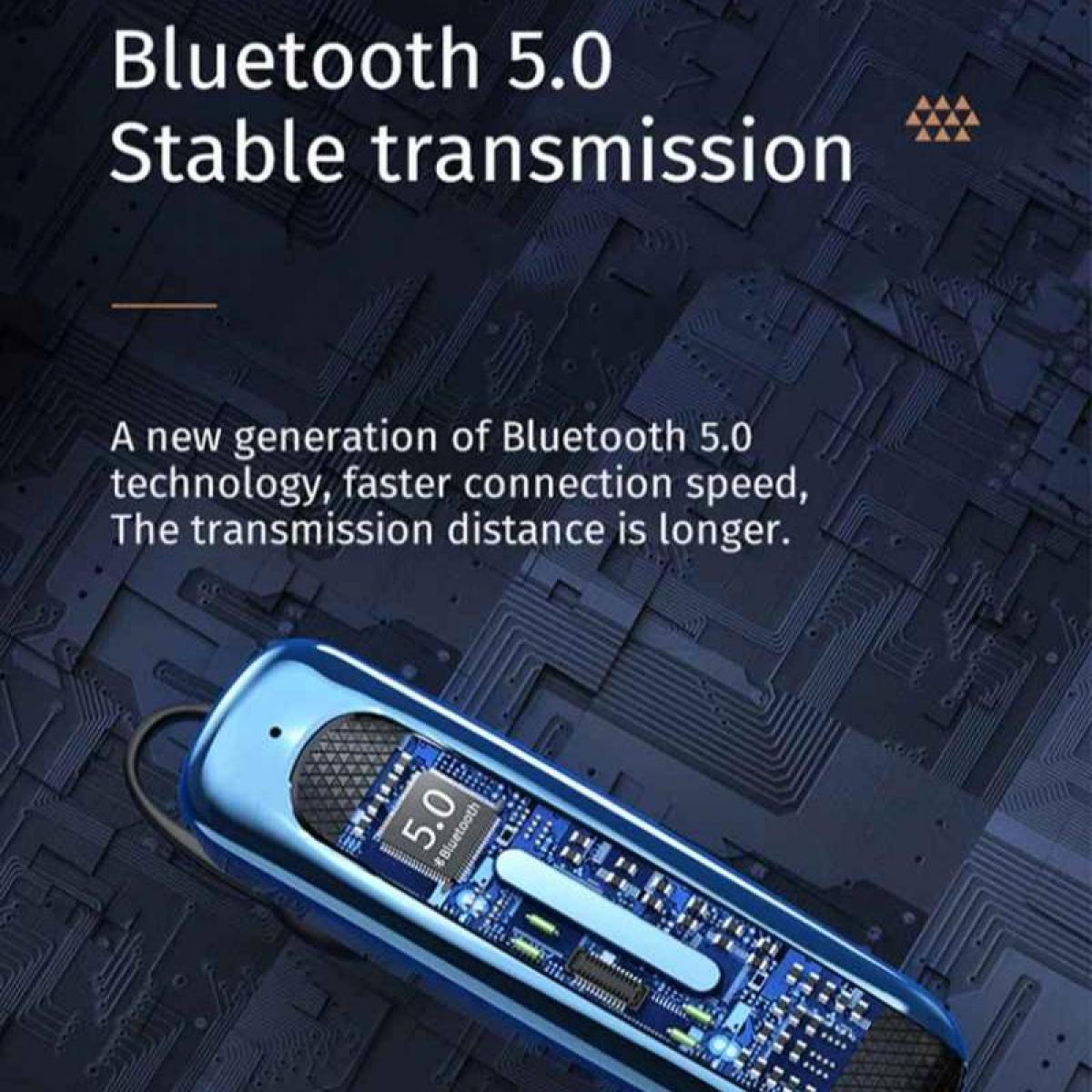Blauer Bluetooth 5.0 Ohrhörer mit Leiterplattenhintergrund.
